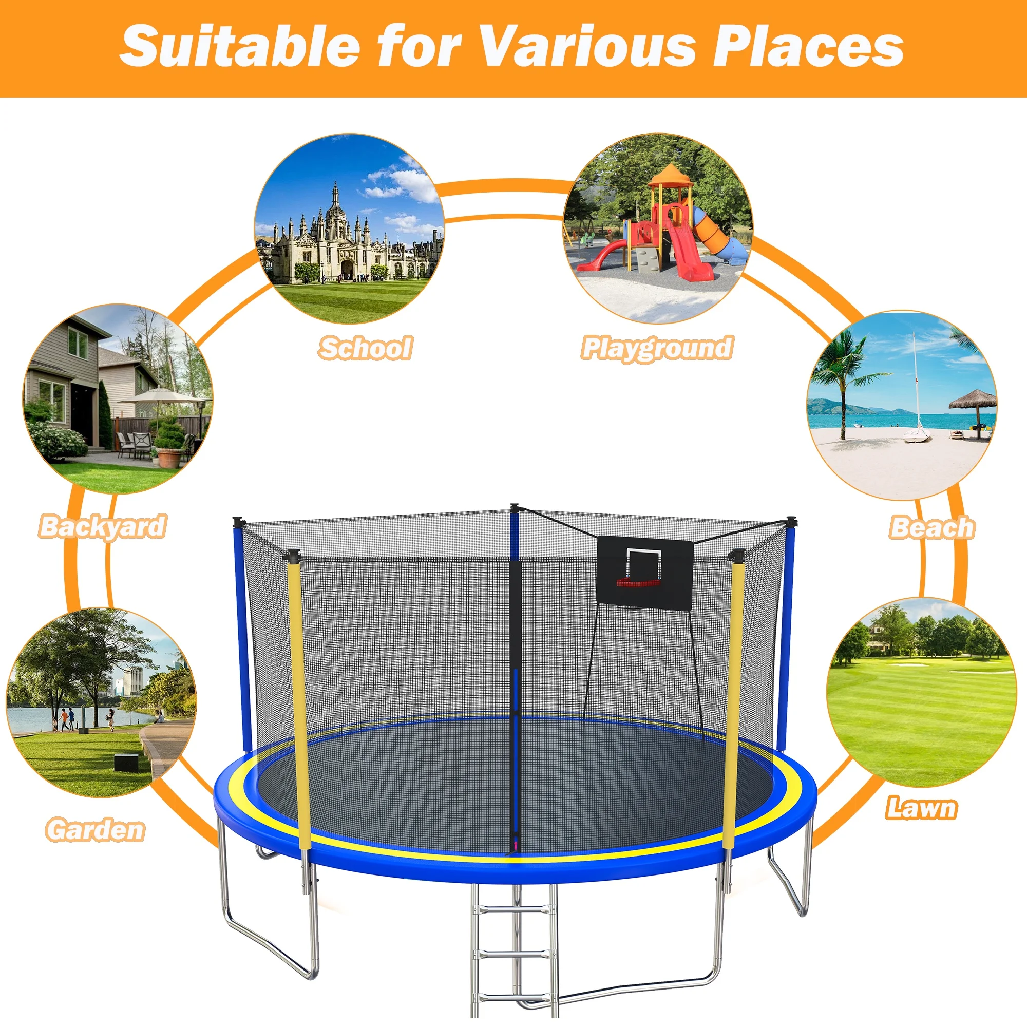 14FT Trampoline with Enclosure for Kids and Adults, Upgraded Kids Recreational Outdoor Trampoline with Basketball Hoop, Ladder, Heavy Duty Round Backyard Trampoline for Indoor Outdoor(Navy Blue+Yellow) - Image 10