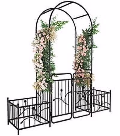 Dextrus Metal Garden Arch with Planter Boxes and Gate, Elegant Wedding Arch Climbing Plants Party Decoration for Outdoor Lawn