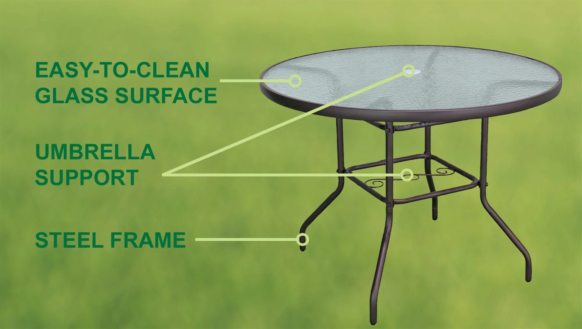 Garden Elements Outdoor Round Patio Dining Table, Steel Base and Rim with Waterwave Glass Top, Brown, 40