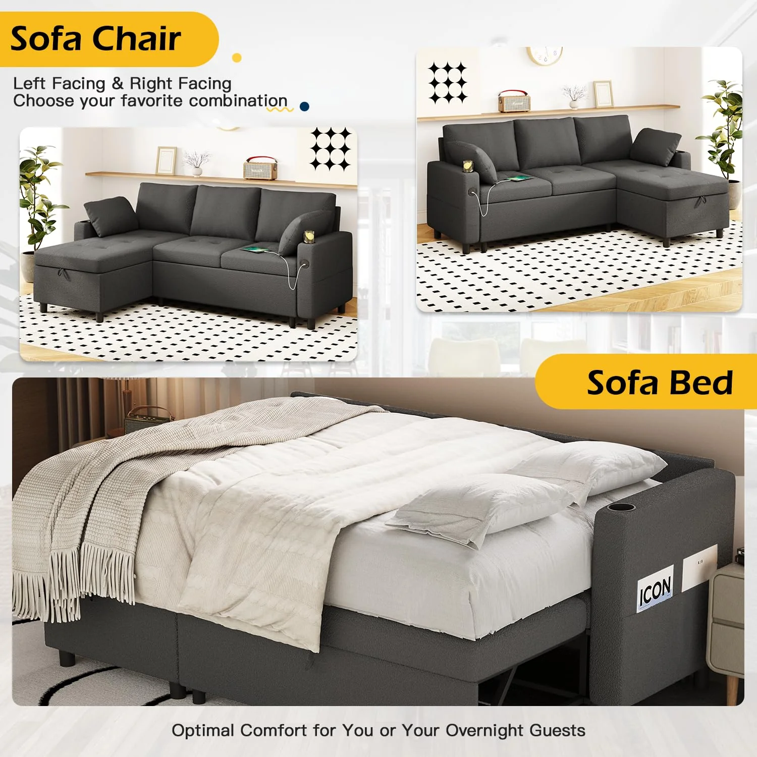 AECOJOY Sleeper Sofa Couch with Pullout Bed, Teddy Fleece, Black