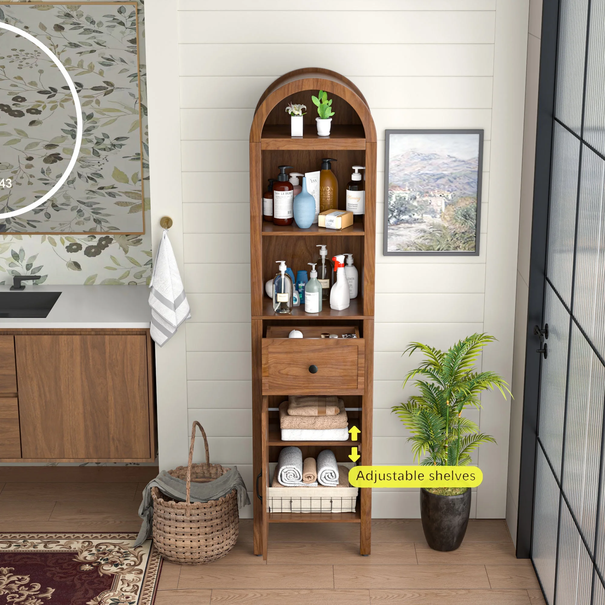 Bathroom Storage Cabinet Narrow Tall Cabinet Storage Tower with Door and Drawer(Walnut Color) - Image 6