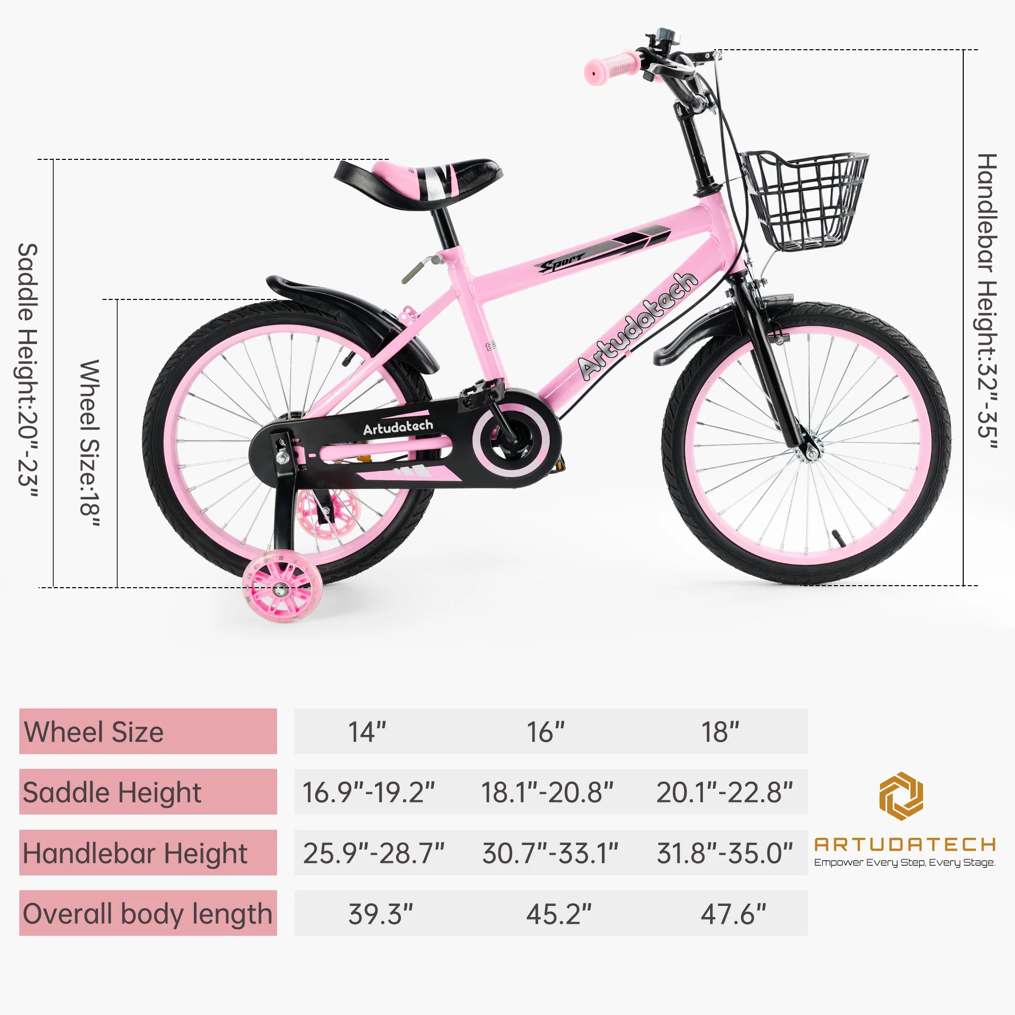 ARTUDATECH 14/16/18 in Kids Bike for Ages 3 - 10 Years Old Boys Girls, Kid'S Bikes with Training Wheels, Basket, Dual Brake, Children Bicycle for Kids and Toddler Beginners, Pink/Red
