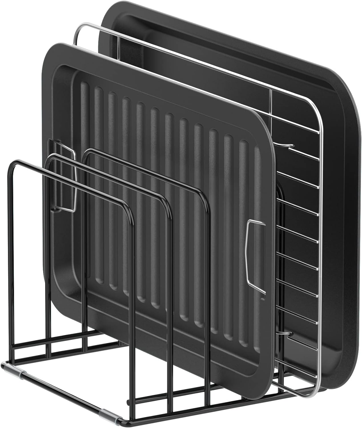 KORRTFID Kitchen Cabinet Organizer, Steel Cookware Holder, Divided Holder with 5 Slots for Skillets, Baking Tray and Chopping Board Rack - Baking Pan Holder Storage (1 PC)