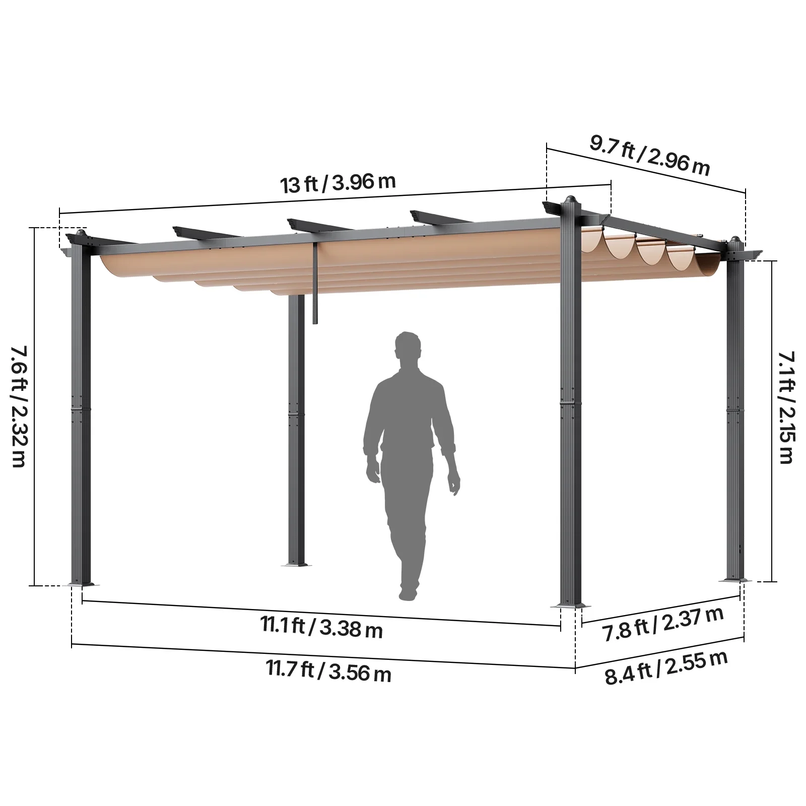 KFFKFF 10'x13' Aluminum Patio Pergola with a Sliding Sun Shade, Ideal for Outdoor Gardens, Decks, and Backyards - Beige