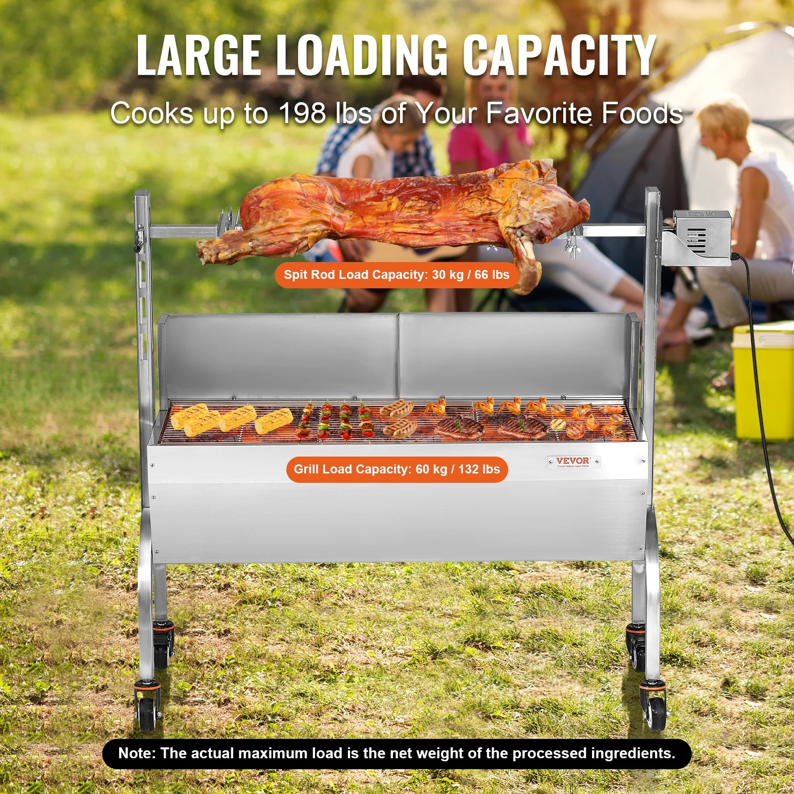 Rotisserie Grill with Windscreen, BBQ Whole Pig Lamb Goat Charcoal Spit Grill, 46 Inch 132 Lbs Capacity, Electric 52W Motor Stainless Steel Roaster with Lockable Wheels, for Camping Outdoor - Image 9