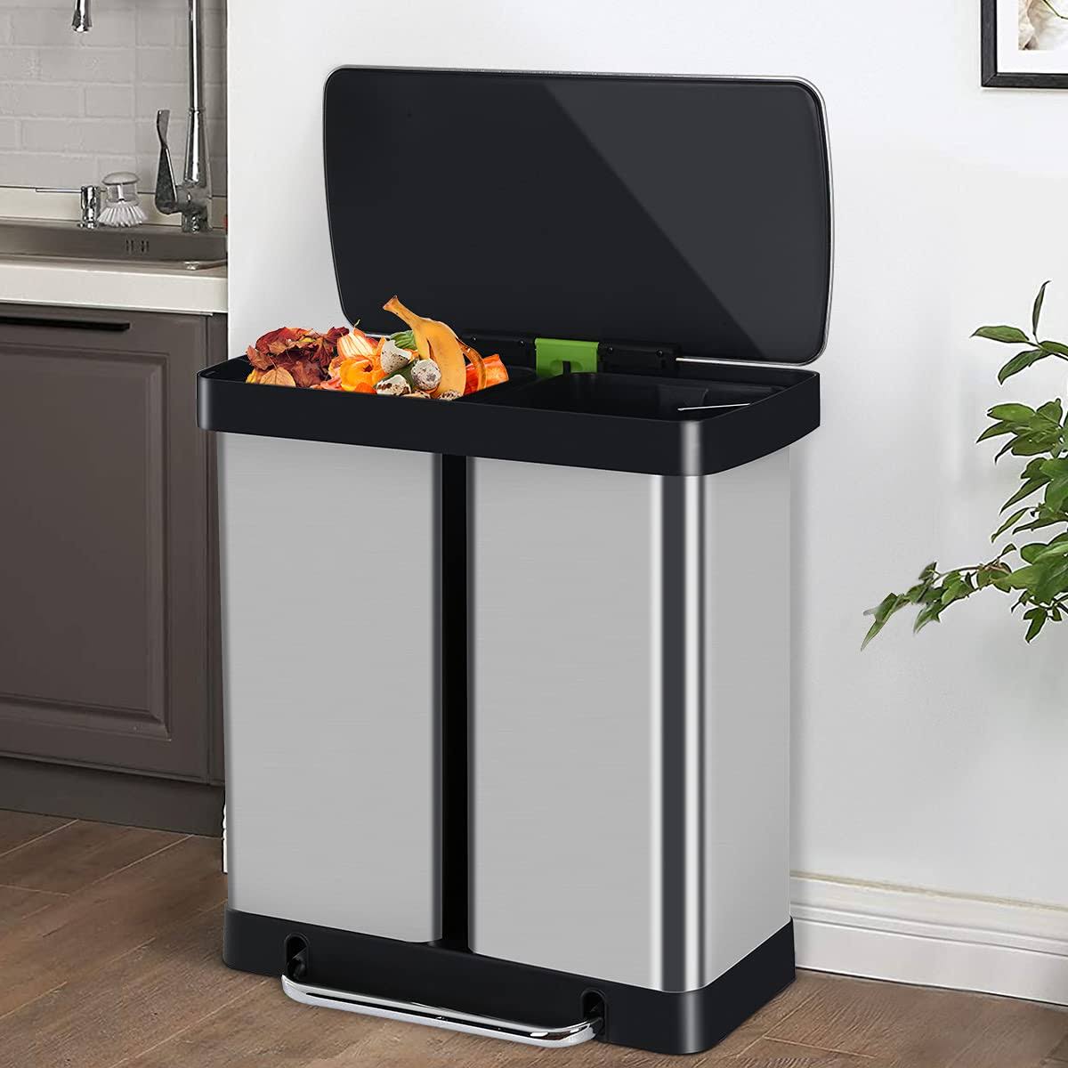 Dkeli Kitchen Trash Can 16 Gallon 60L Stainless Steel Trash Can with Lid & Double Barrel, High-Capacity Step Garbage Can Class