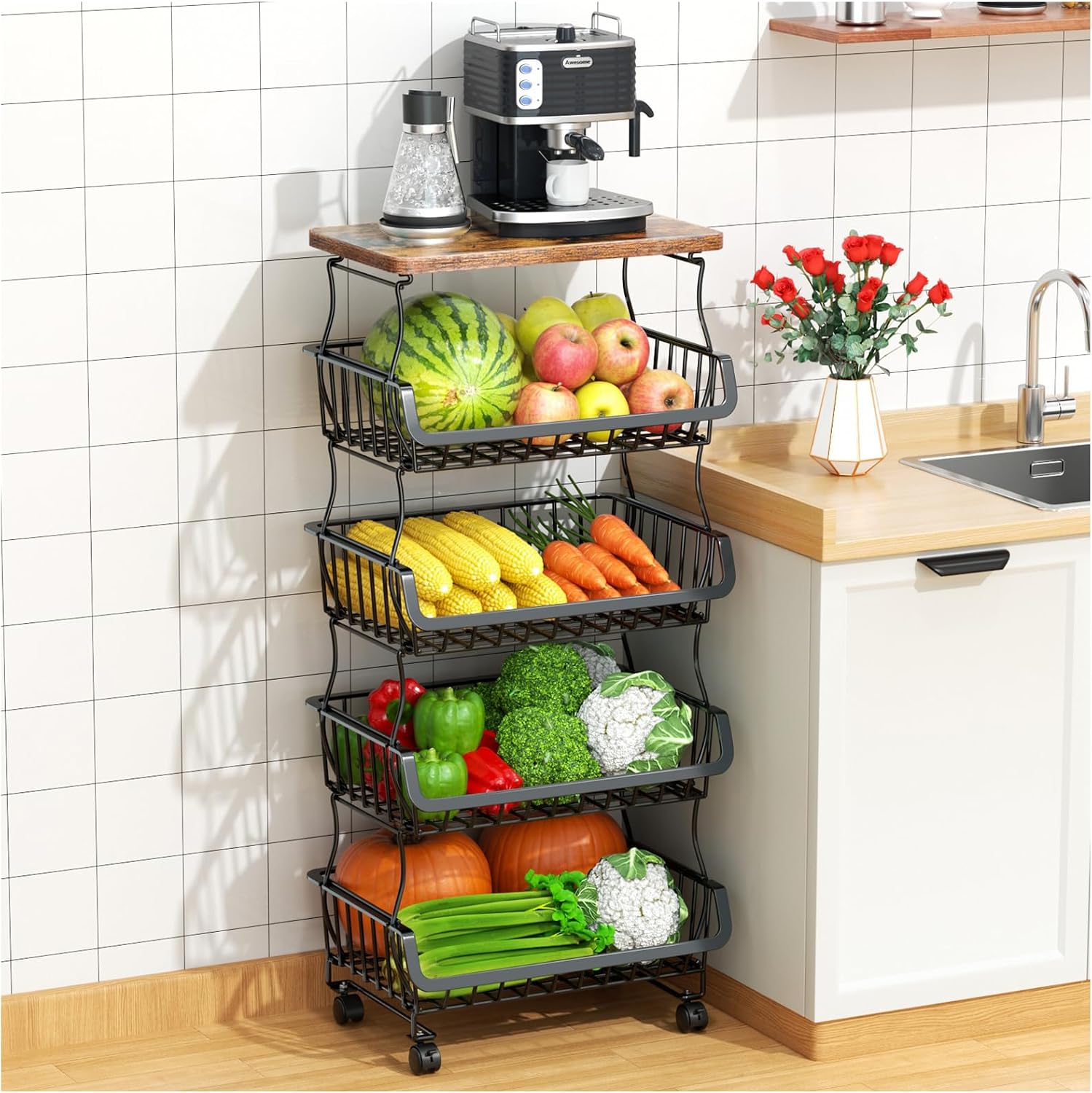 Gsiekare 5 Tier Fruit and Vegetable Basket for Kitchen with Wheels