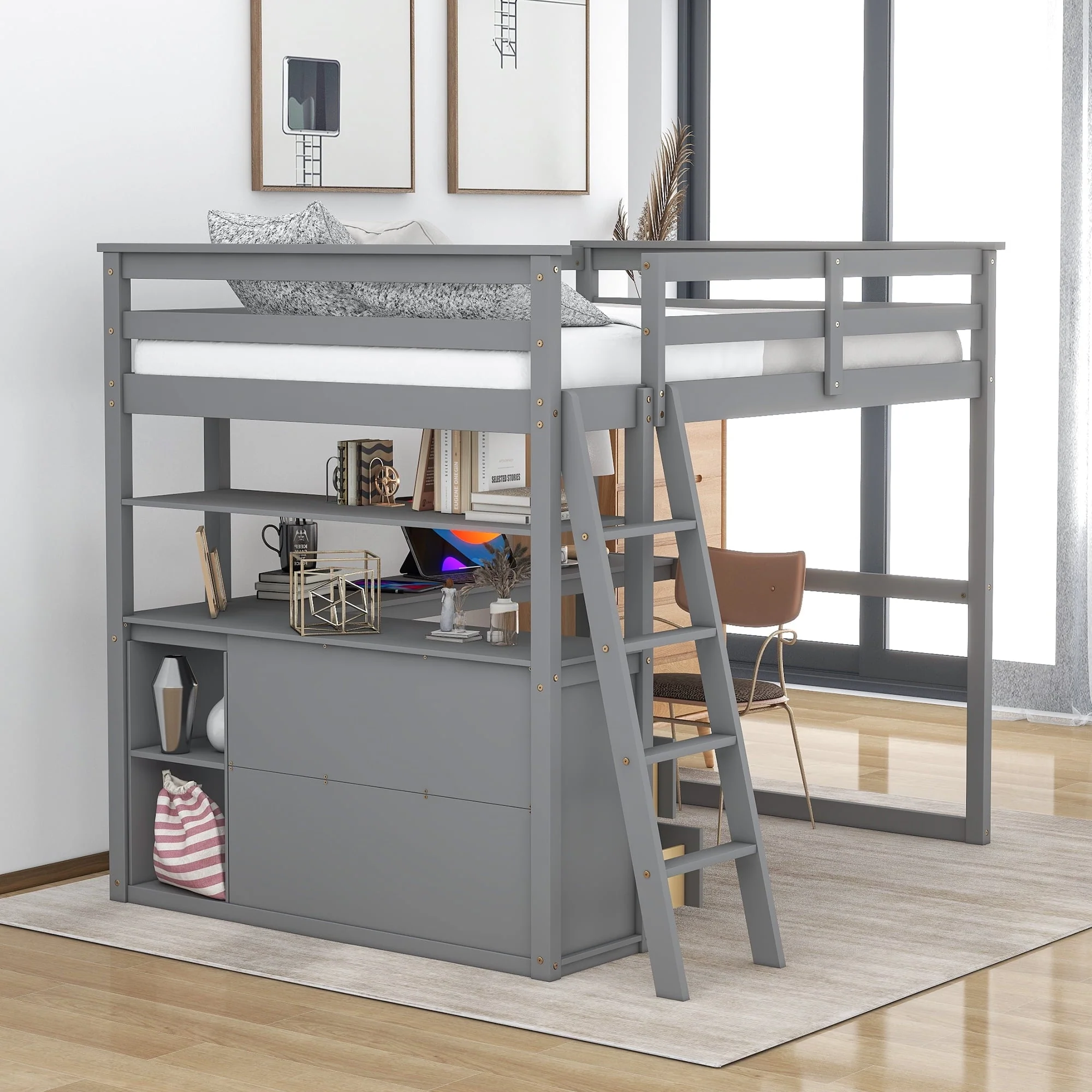 Euroco Full Size Wood Loft Bed with Desk, Shelves and Cabinets for Kids Room, Incline Ladder and 3 Drawers, Gray Image 4