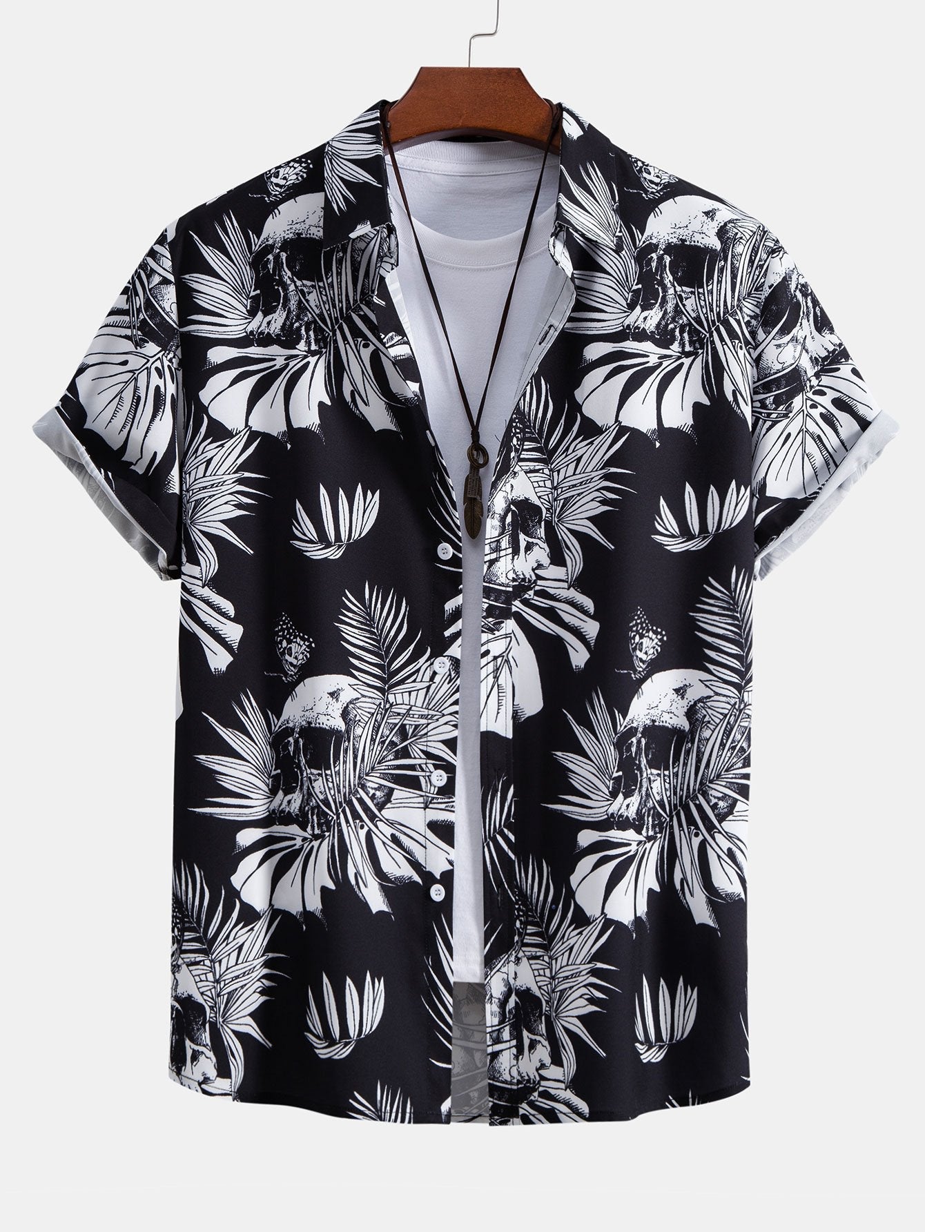 Chemise boutonnée à imprimé tropical tête de mort et short de bain