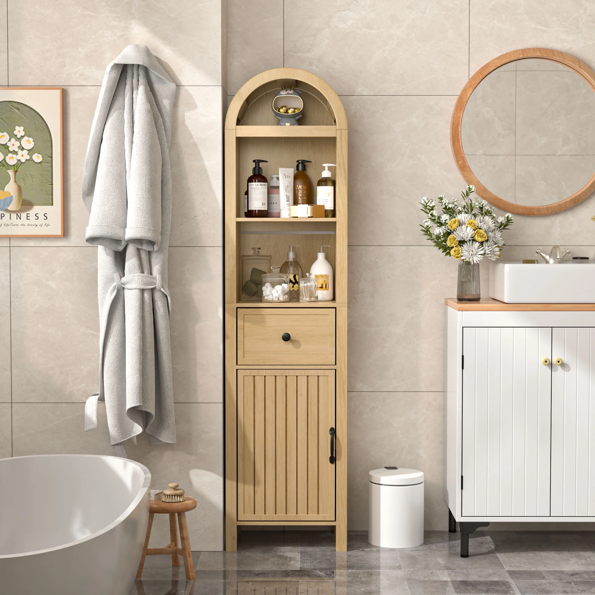 Tall Bathroom Storage Cabinets with Doors and Shelves, Narrow Tall Linen Cabinet with Drawer(Walnut) - Image 9