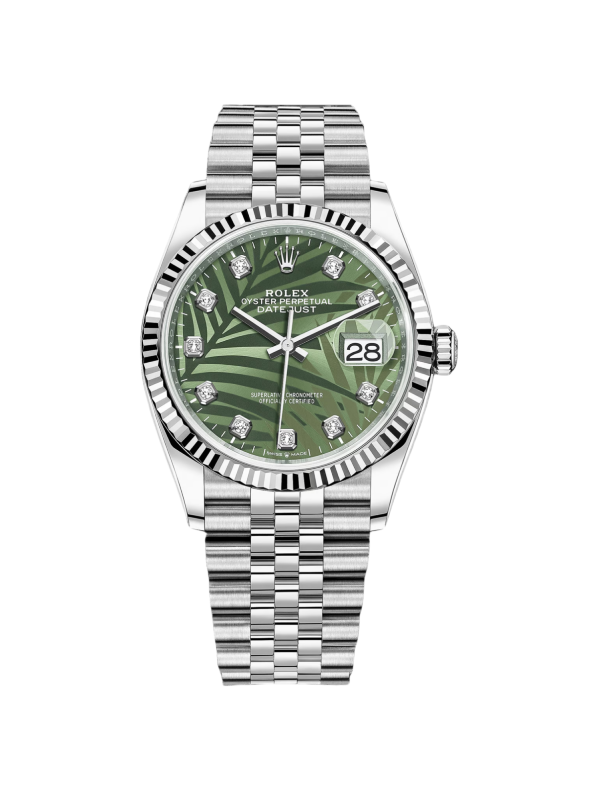 [Super Clone]RLX  Datejust 36mm 126234-0055 Olive Green Palm Motif Diamond Dial Jubilee Stainless Steel Watch