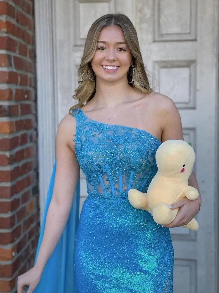 Chic Mermaid Blue One Shoulder Sequins Lace Long Prom Dresses DMP301