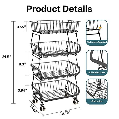 4 Tier Fruit Vegetable Basket For Kitchen, Stackable Fruit And Vegetable Storage Cart,Vegetable Organizer Basket Stand Bins Rack For Onions And
