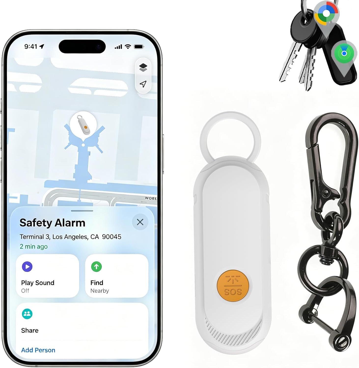 Personal Safety Alarm, GPS Tracker Keychain with Apple Find My & Google Find My Device, Real Time Location, 120dB Siren & SOS Strobe Light, for Women Kids Seniors, iOS & Android, White