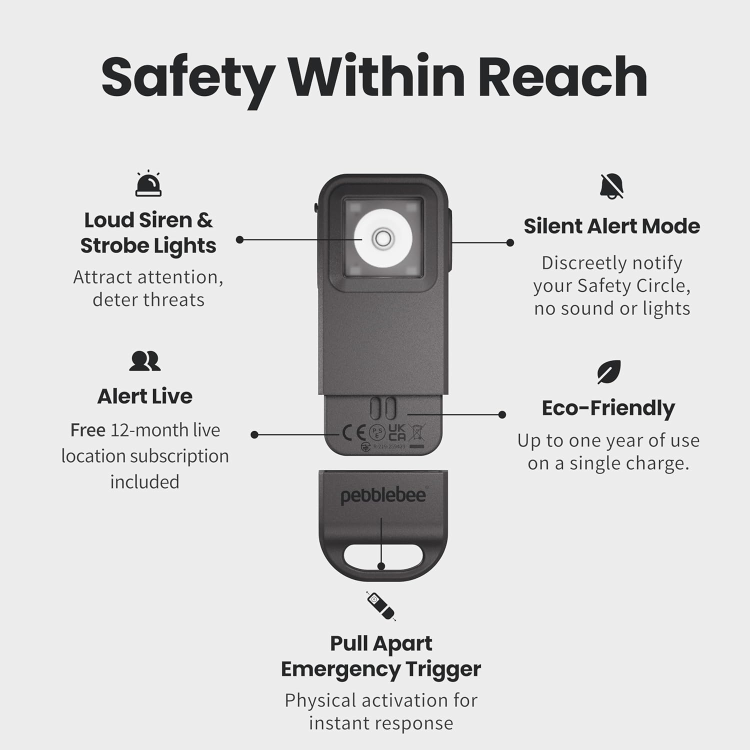 Pebblebee Halo Personal Safety Alarm | Loud Siren & Strobe Lights with Location Sharing, Rechargeable Safety Keychain Device with Flashlight | Works with Apple Find My & Google Find Hub