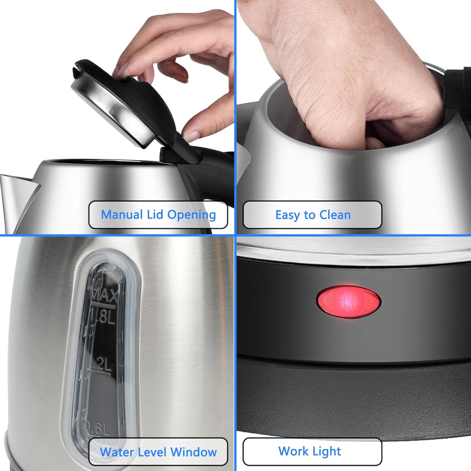 Stainless Steel Electric Kettle, 1.8 Liters Tea, Coffee Kettle & Hot Water Boiler, 360 °   Swivel Base, BPA Free, Auto Shut-Off, Boil-Dry Proof, 1100W