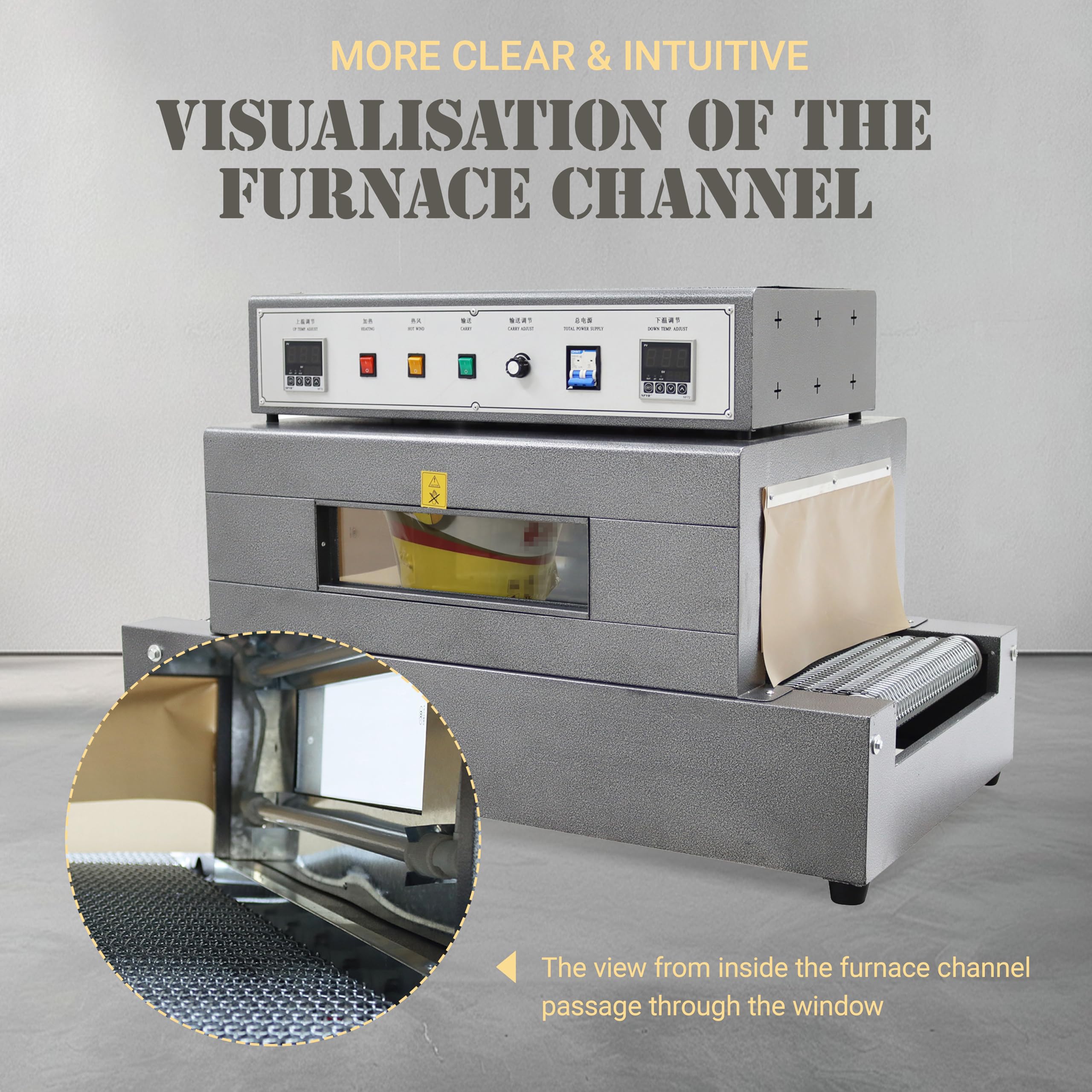 Mesh Type Thermal Shrink Wrap Machine Heat Tunnel Wrap Equipment for Bottles Food Heat Shrink Tunnel Packaging Machine Adjustable Temperature & Speed with Digitial Display Panel 220V 5.5KW