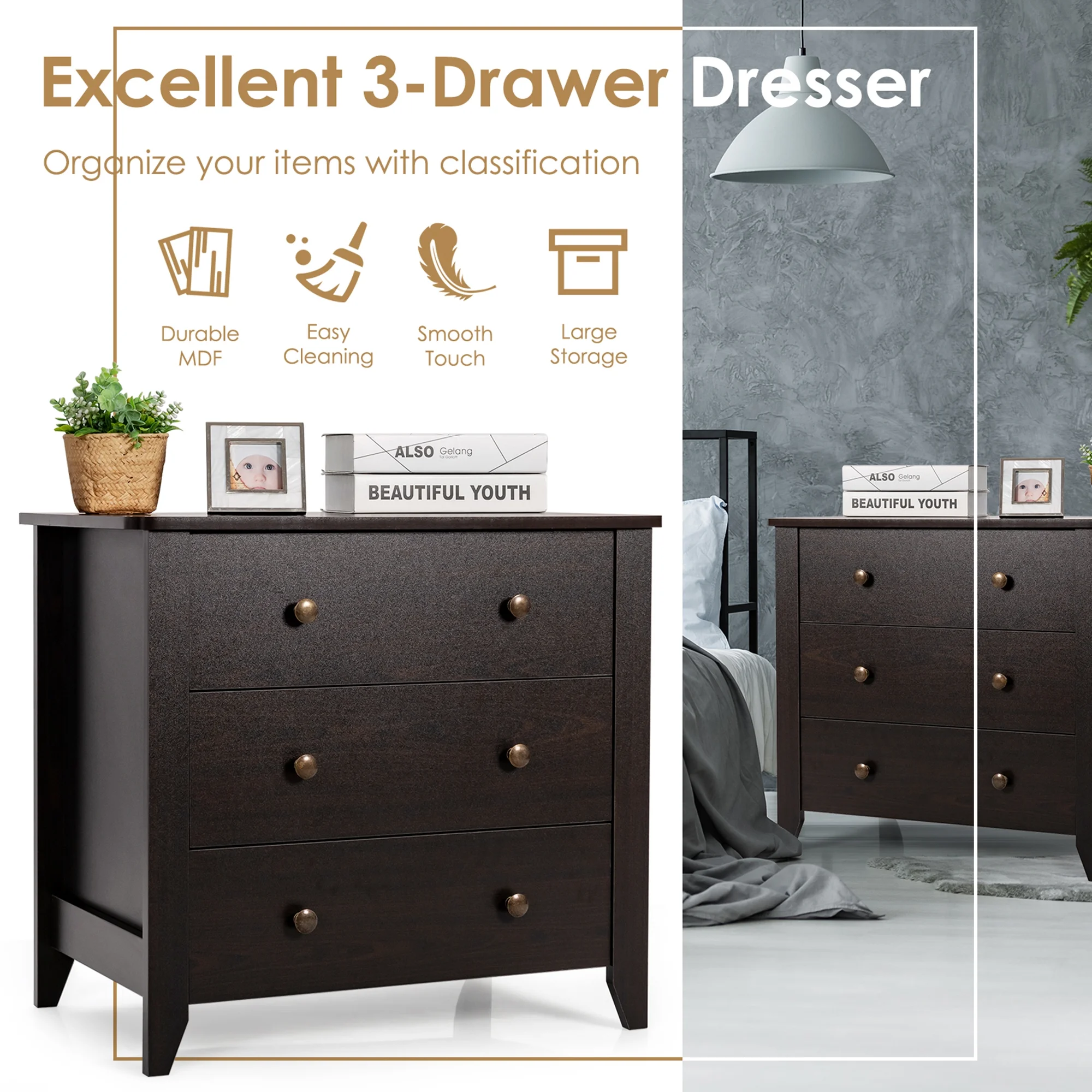 3 Drawer Dresser Chest of Drawers Bedside Table for Living Room Bedroom Espresso(Espresso) - Image 9