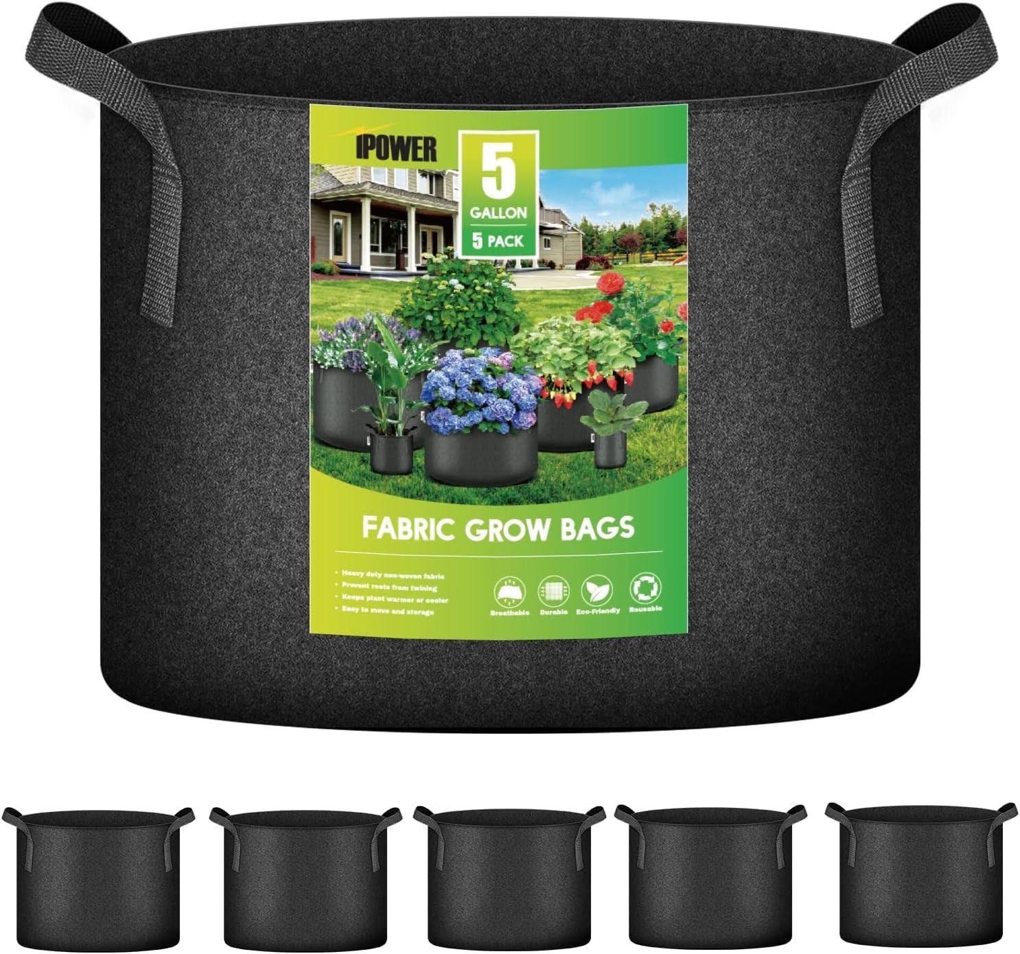 iPower 5-Pack 5 Gallon Grow Bags Nonwoven Fabric Pots Aeration Container with Strap Handles for Garden and Planting, Black