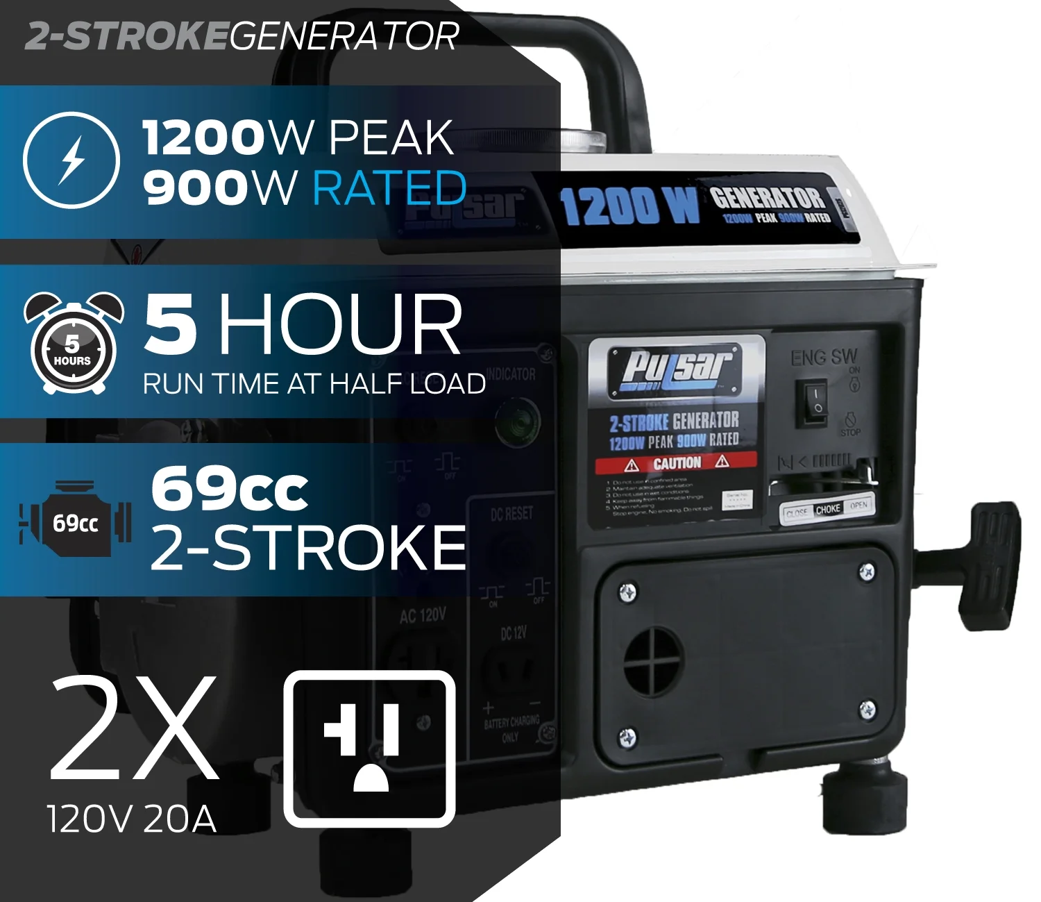 Pulsar PG1202SA 1200 Peak Watt, 900 Running Watt Portable 2 - Cycle Gas Powered Generator