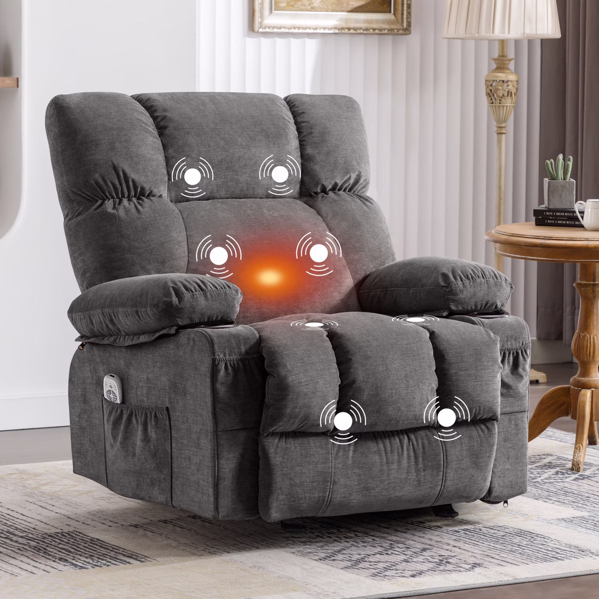 Manual Recliner Chair with Heat Therapy and Massage Function, Heavy Duty Reclining Mechanism Massage Chair, Elderly Single Rocker Sofa with Cup Holders for Bedroom Home Theater,Grey(Regular-Grey)