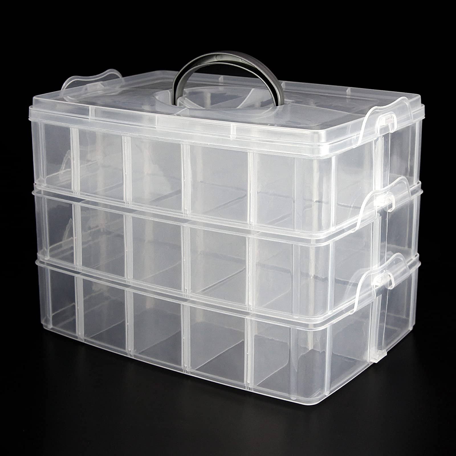 Guyuyii 3-Layer Stackable Craft Storage Containers - Plastic Craft Box Organizer with 30 Adjustable Compartments and Handle - Portable Beads Organizer