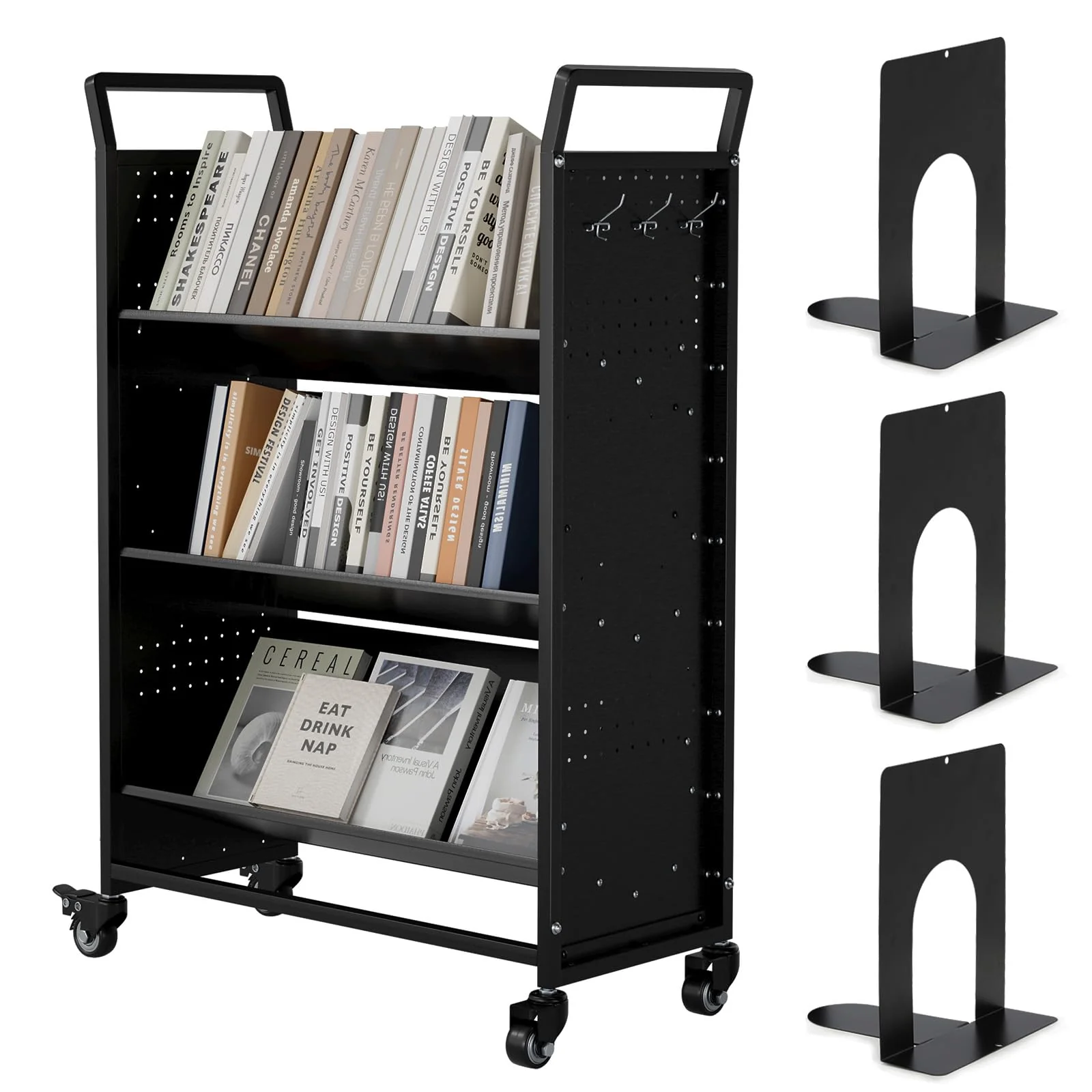 AECOJOY Book Cart with Wheels, 352LBS Rolling Bookshelf Utility Cart with V-Shaped Shelves