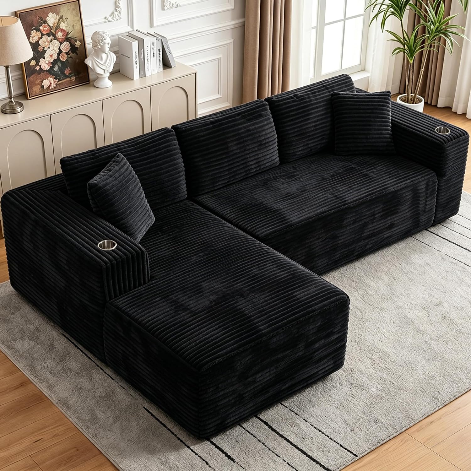Cloud Sectional Boneless Couches for Living Room, Modular Sectional Sofa with 2 Cup Holders, Memory Foam Cloud Couch with L-Shaped Oversized Chaise, No Assembly Needed Plush Corduroy Sofa, Black