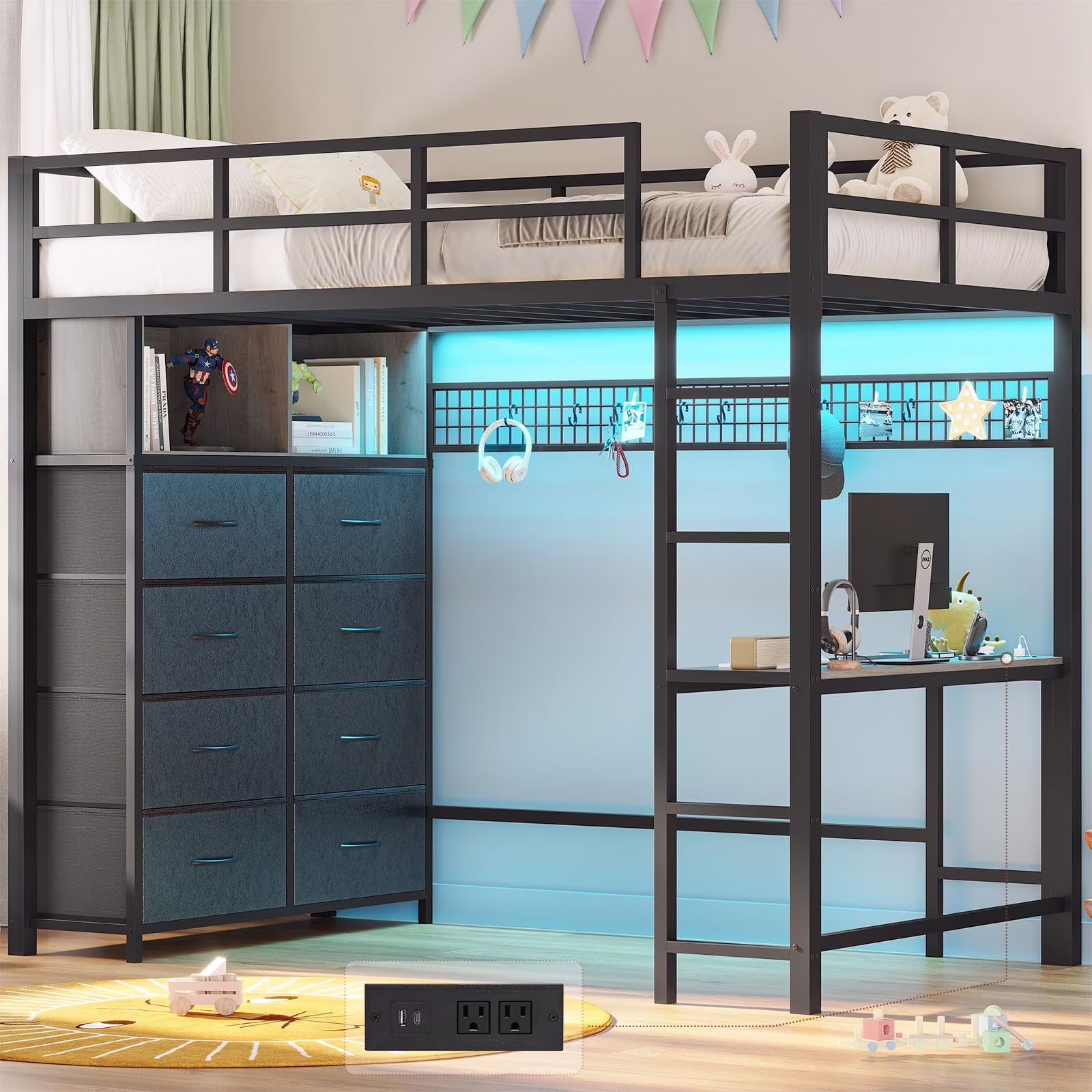 Twin Size Loft Bed with Desk and 8 Storage Drawers and Charging Station, Metal Loft Bed Twin with LED Lights, Storage Shelves, Black(Brown) - Image 7