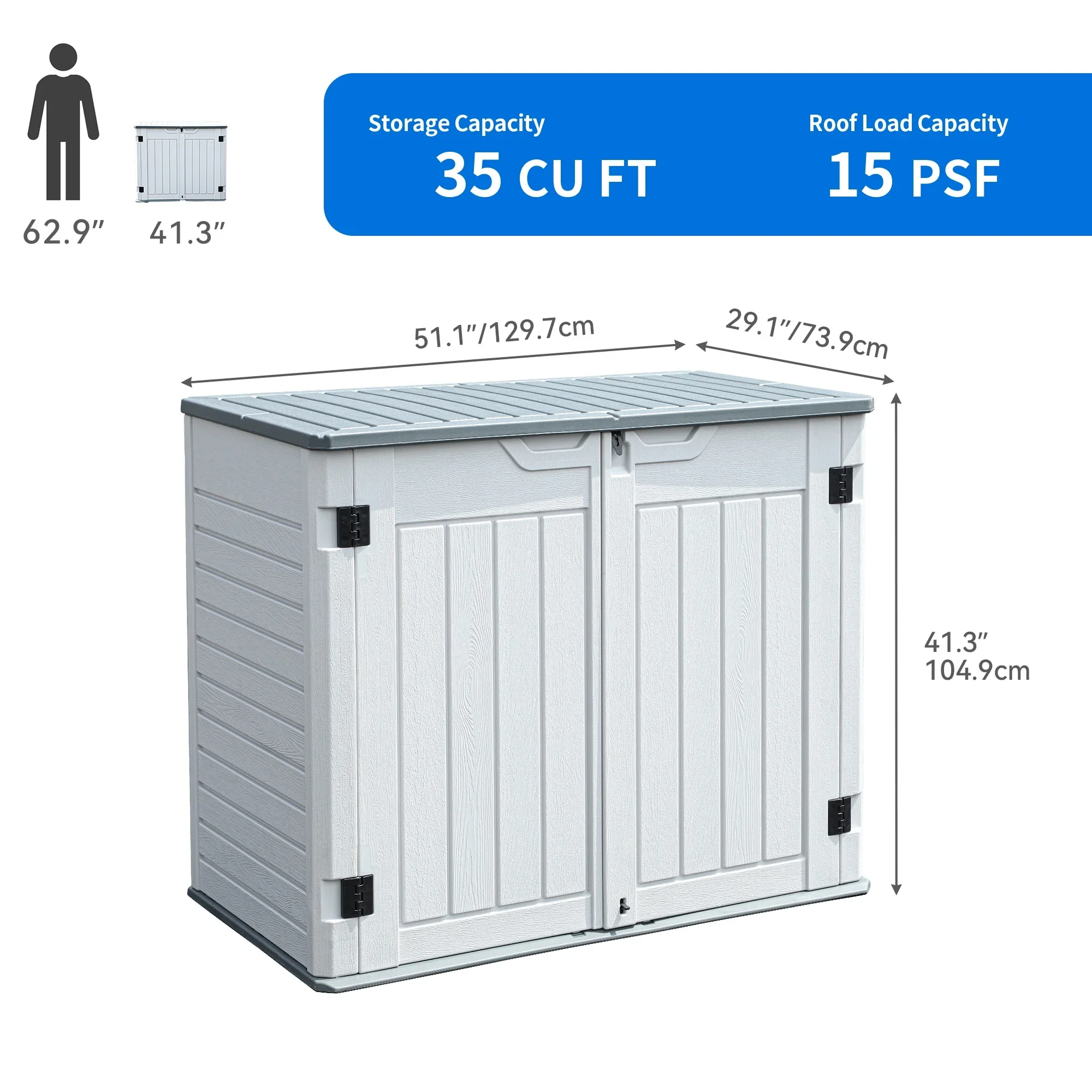 Dextrus 35 cu ft Outdoor Horizontal Storage Sheds, Weather Resistant Resin Tool Shed, Multi-Opening Door for Easy Storage of Bike, Trash Cans, Garden Tools, Lawn Mowers, Waterproof, Lockable