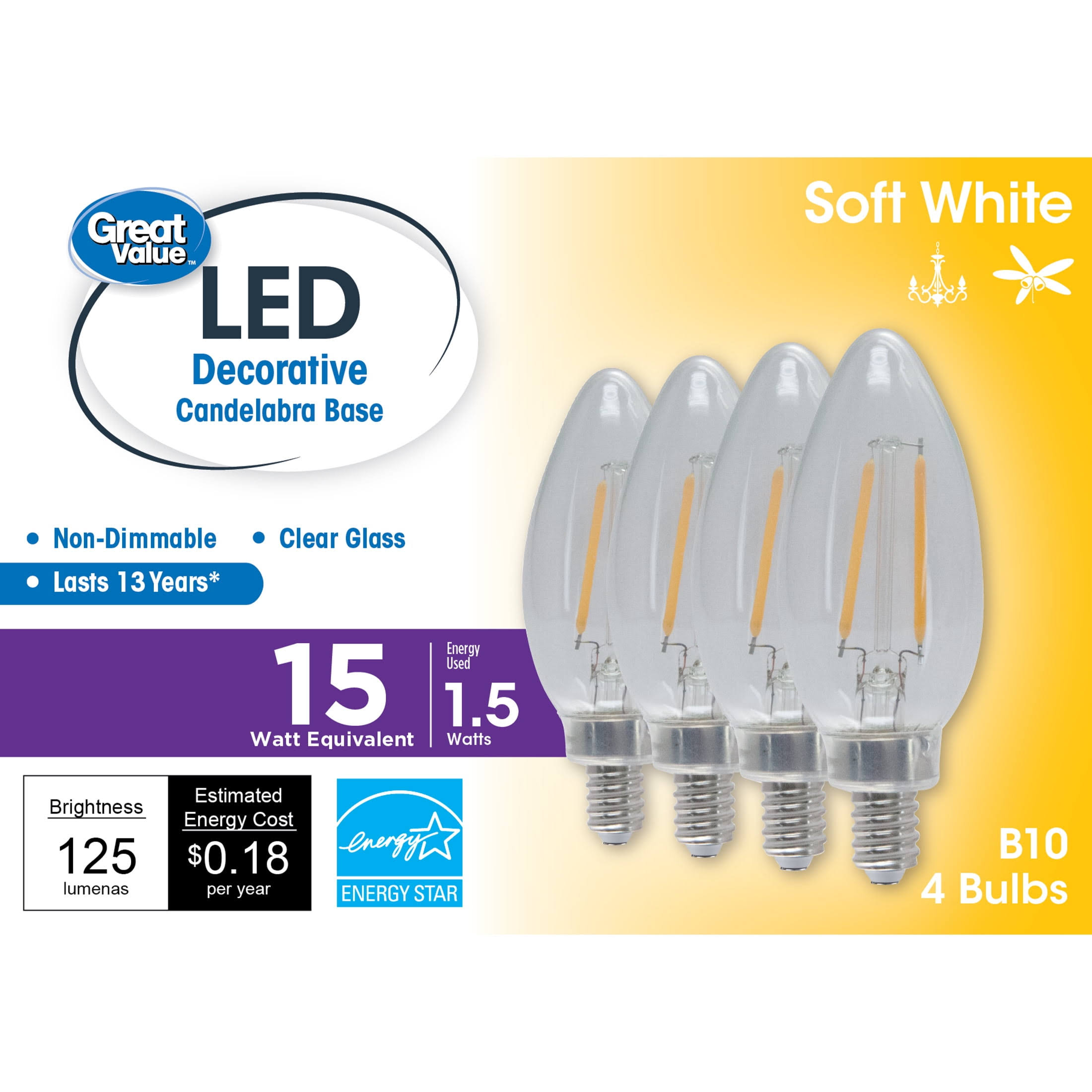 Great Value LED Light Bulb, 1.5 Watts (15w Equivalent) B10 Deco Lamp E12 Candelabra Base, Non-Dimmable, Soft White, 4-Pack