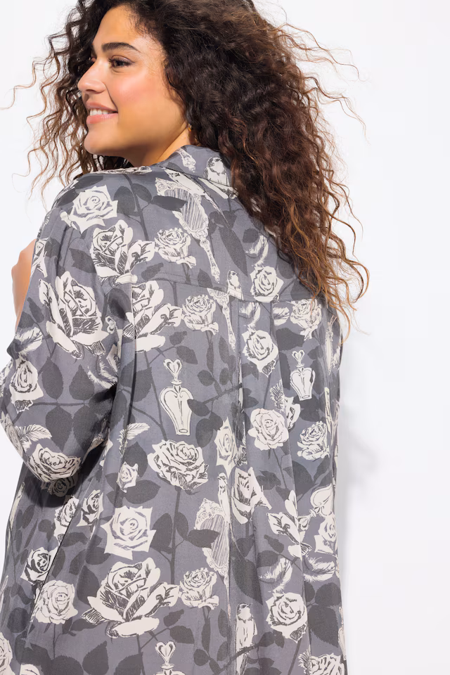 Rose Print 3/4 Sleeve Button Down Shirt Dress