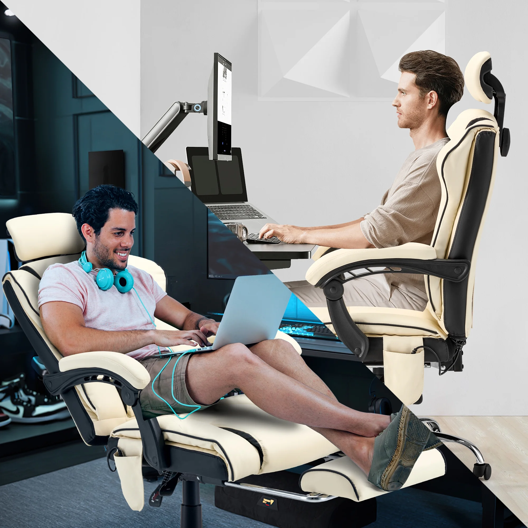 HOMREST 6 - Point Massage Office Chair with Footrest, Heated Executive Office Chair with Reclining Backrest, Ergonomic Gaming Chair with Padded Armrest, Off - White