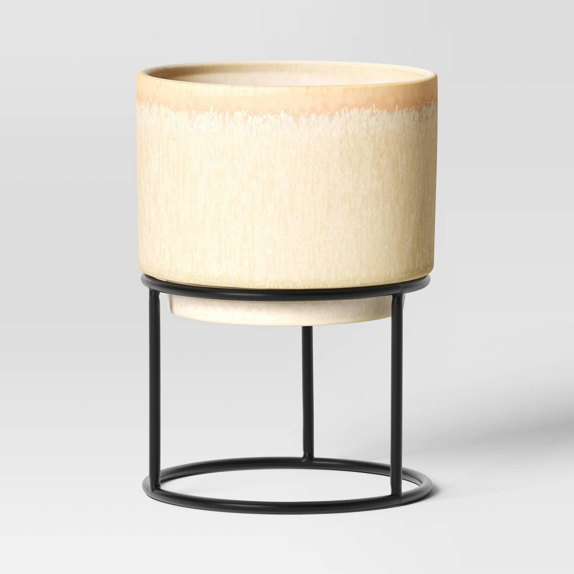 Medium Ceramic Glazed Indoor Outdoor Planter Pot with Stand Ivory 6.1