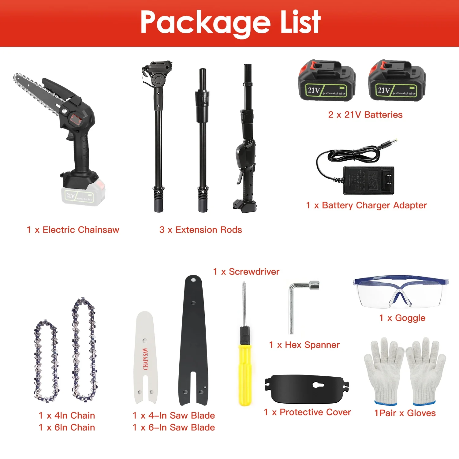2 in 1 Cordless Pole Saw Electric Mini Chainsaw Length Adjustable Chain Saw with 2Pcs 3000mAh Batteries 4in/6in Chains for Tree Trimming, Black - Image 7