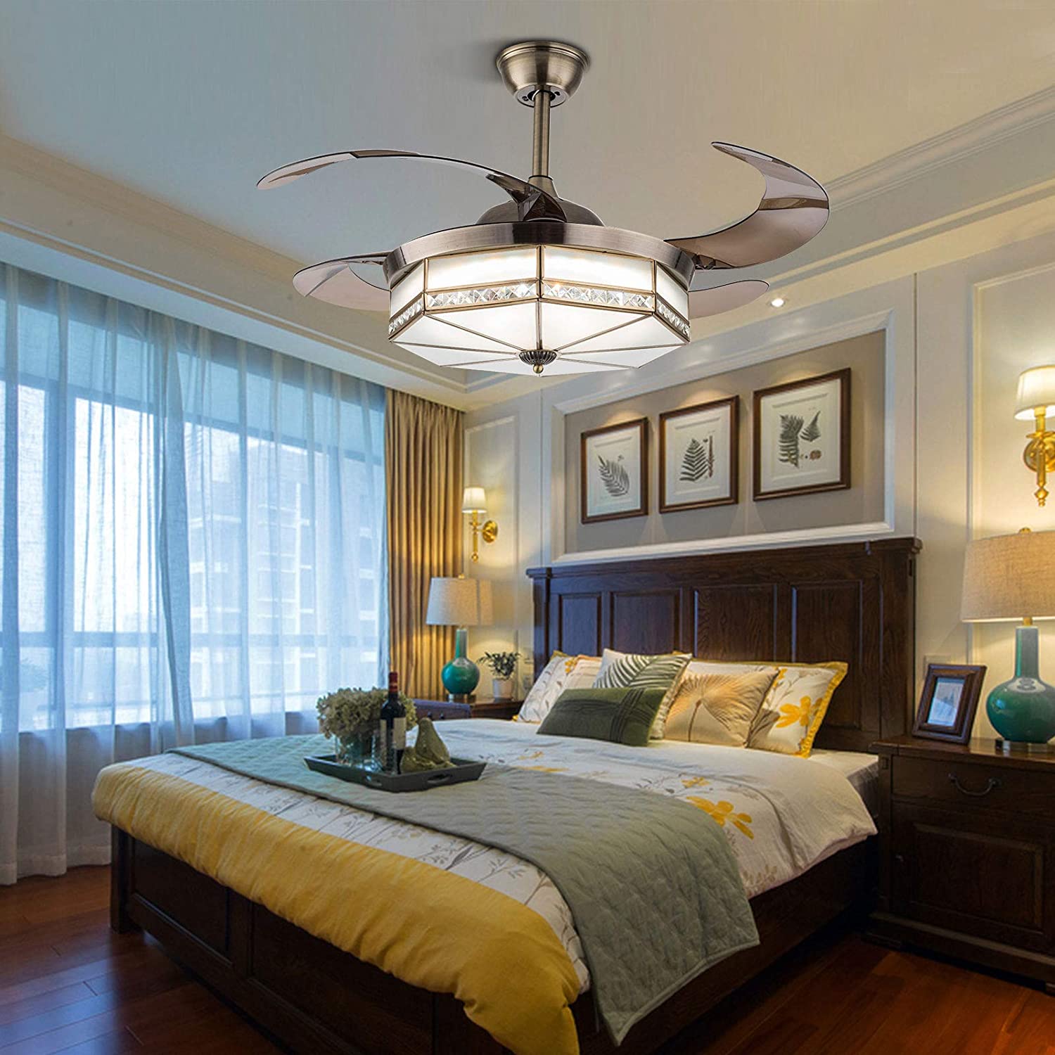 42" Retractable Chandelier Fan Painted Style Ceiling Fan with Light and Remote Control White Chandelier Fan Lamp 3 Speed Chic Crystal Ceiling Fan Lamp 3 Color Chandelier Living Room Decor