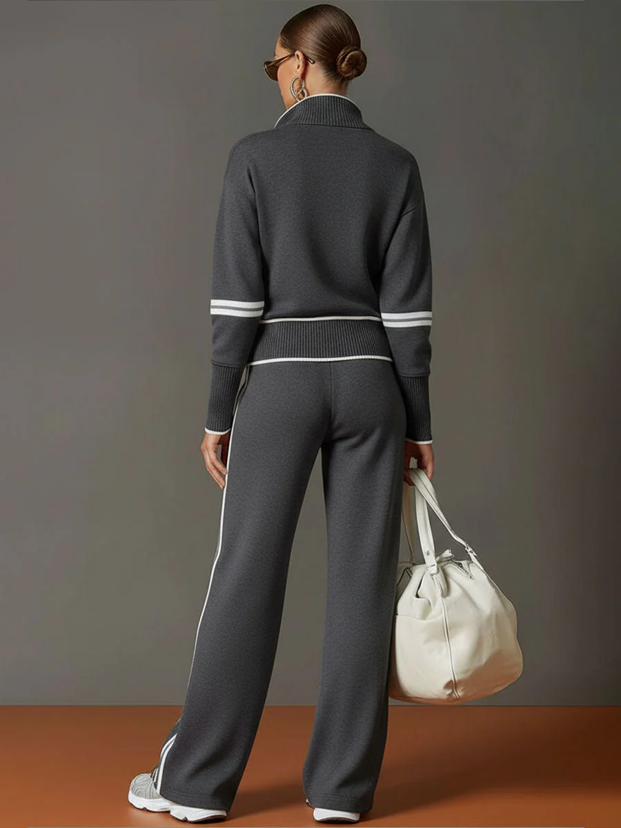 Ensemble sweat à demi-fermeture éclair et pantalon à jambes larges