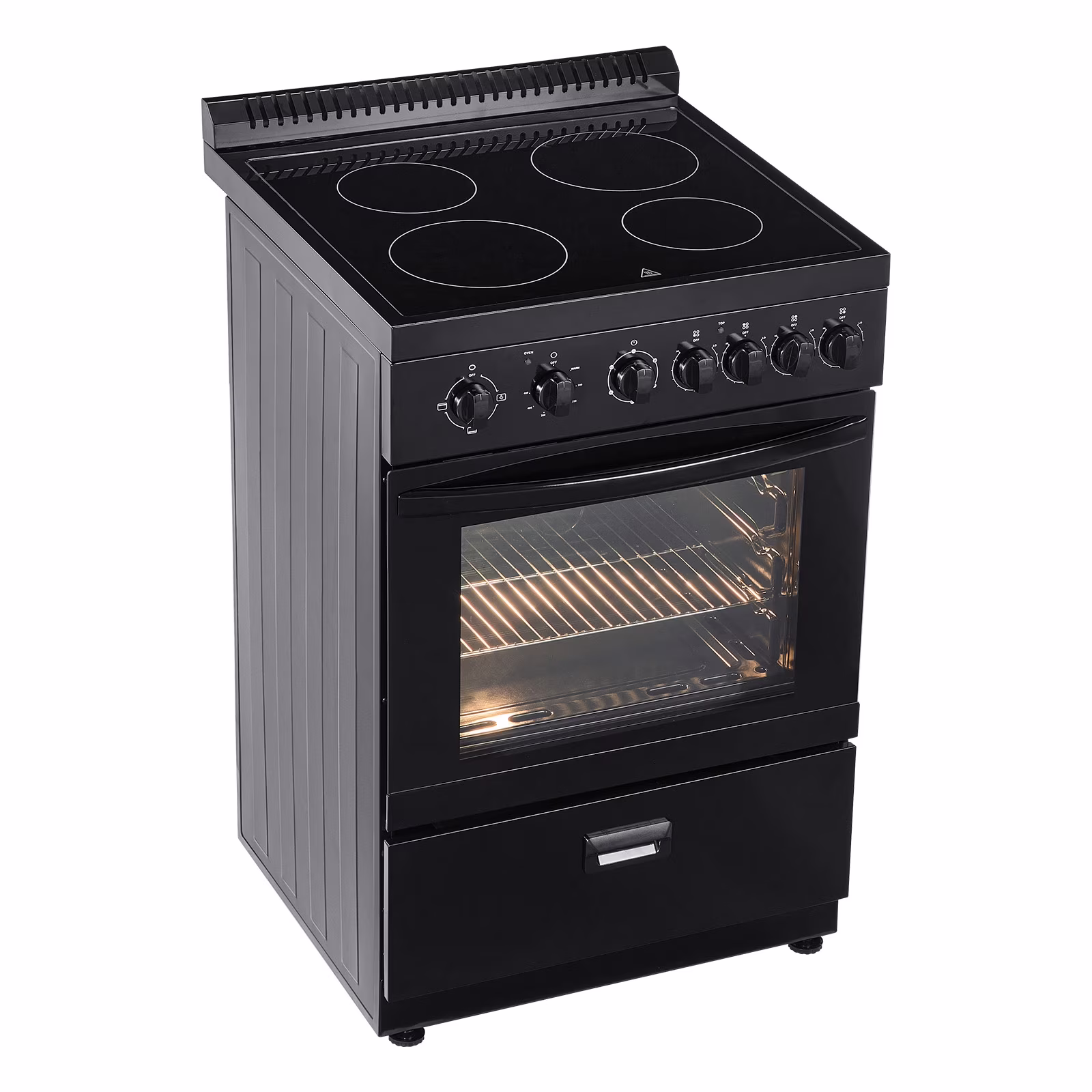 KFFKFF 24 - Inch Electric Range Oven, 2.7 Cu. Ft. Compact Freestanding Design, Stainless Steel Finish, Features 4 Burners, Adjustable Racks, Storage Drawer, Drip Pan, and Indicator Light, Black