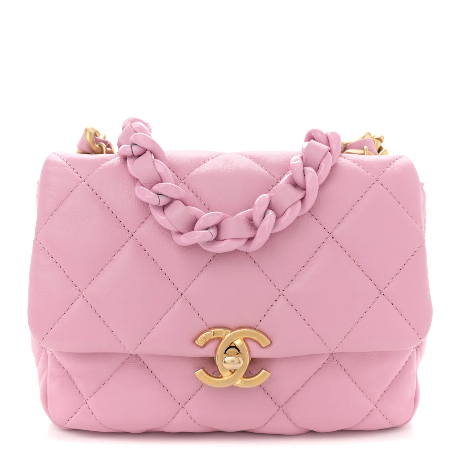 Lambskin Quilted Mini Lacquered Chain Flap Pink