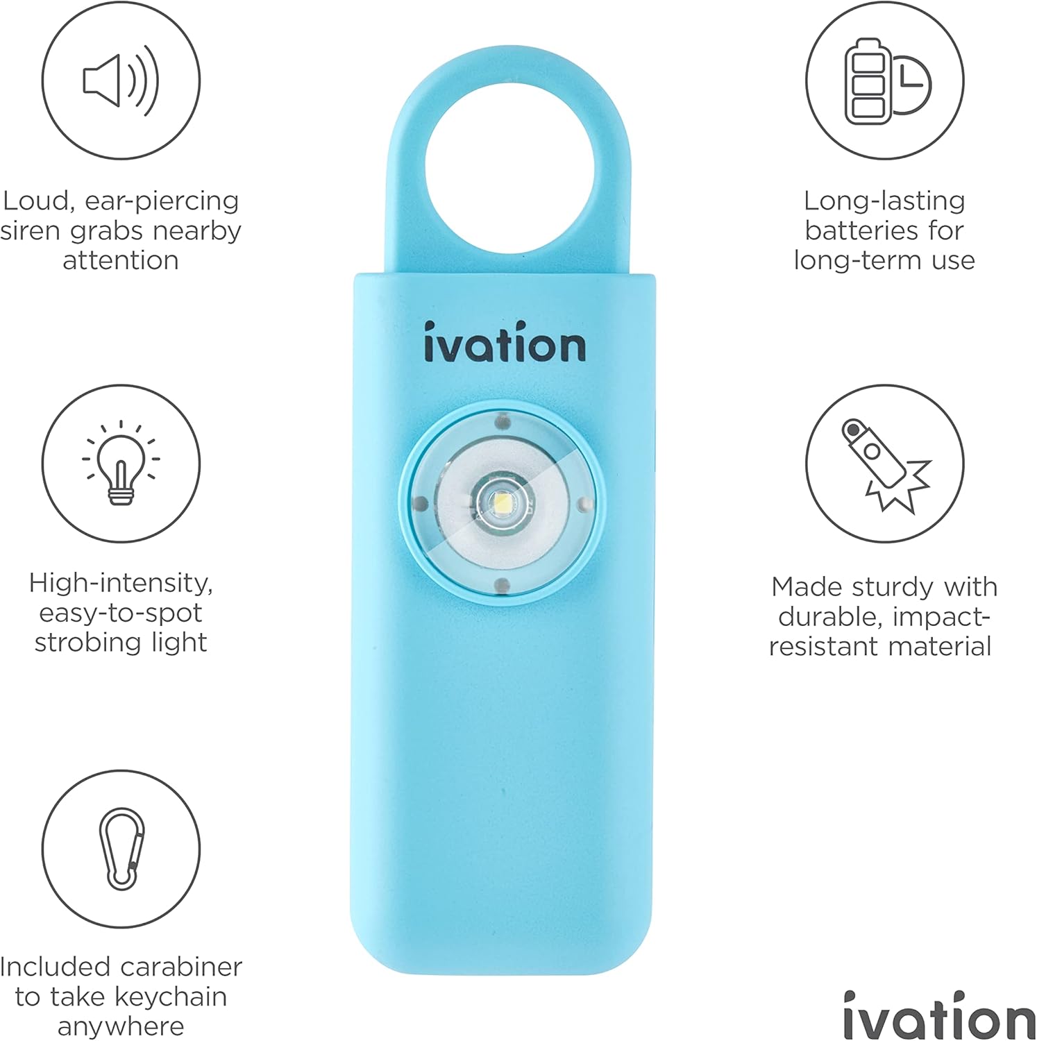 Ivation Personal SOS Alarm Keychain | Self-Defense Safety Siren & LED Panic Strobe Light with Carabiner Clip for Women, Children & Seniors | Pocket Size, Loud 125 dB Sound, Air Travel Friendly