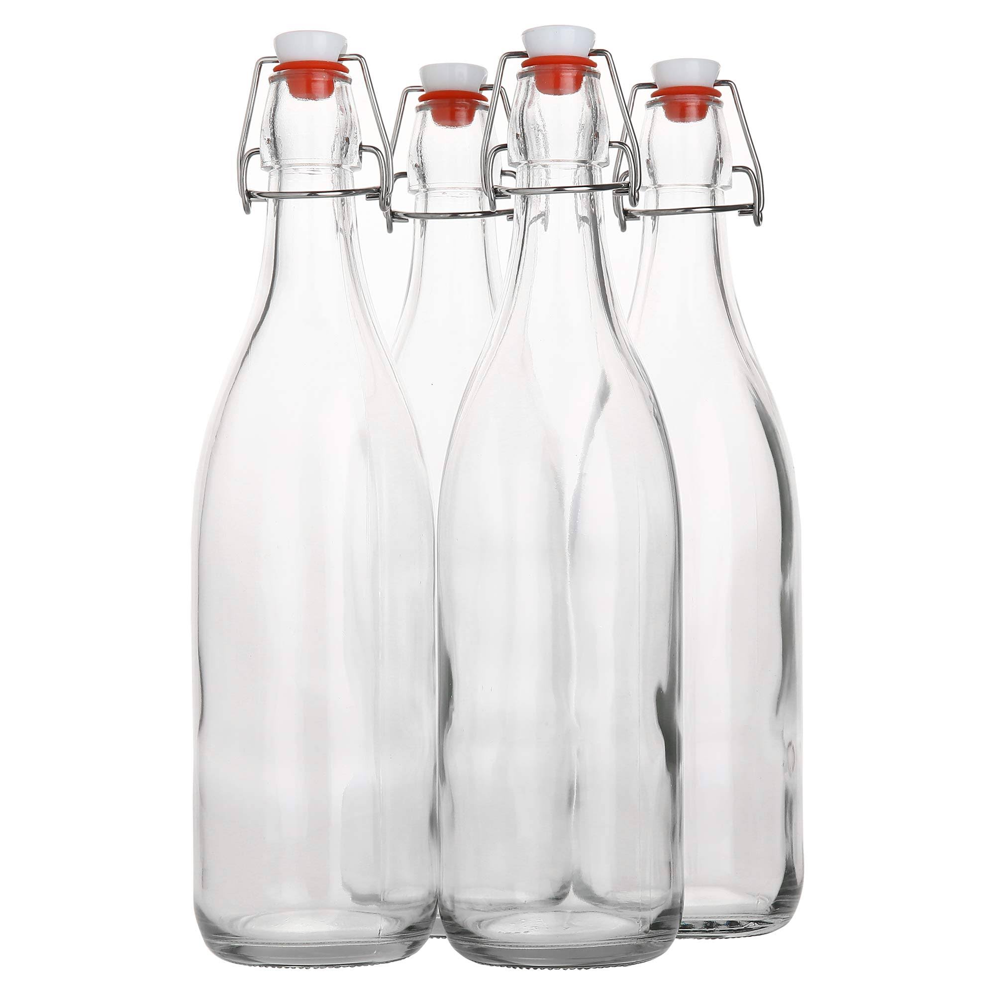 Flip Top Glass Bottle [1 Liter 33 fl. oz.] [Pack of 4] ÿ Swing Top Brewing Bottle with Stopper for Beverages , Oil , Vinegar , Kombucha , Beer , Water