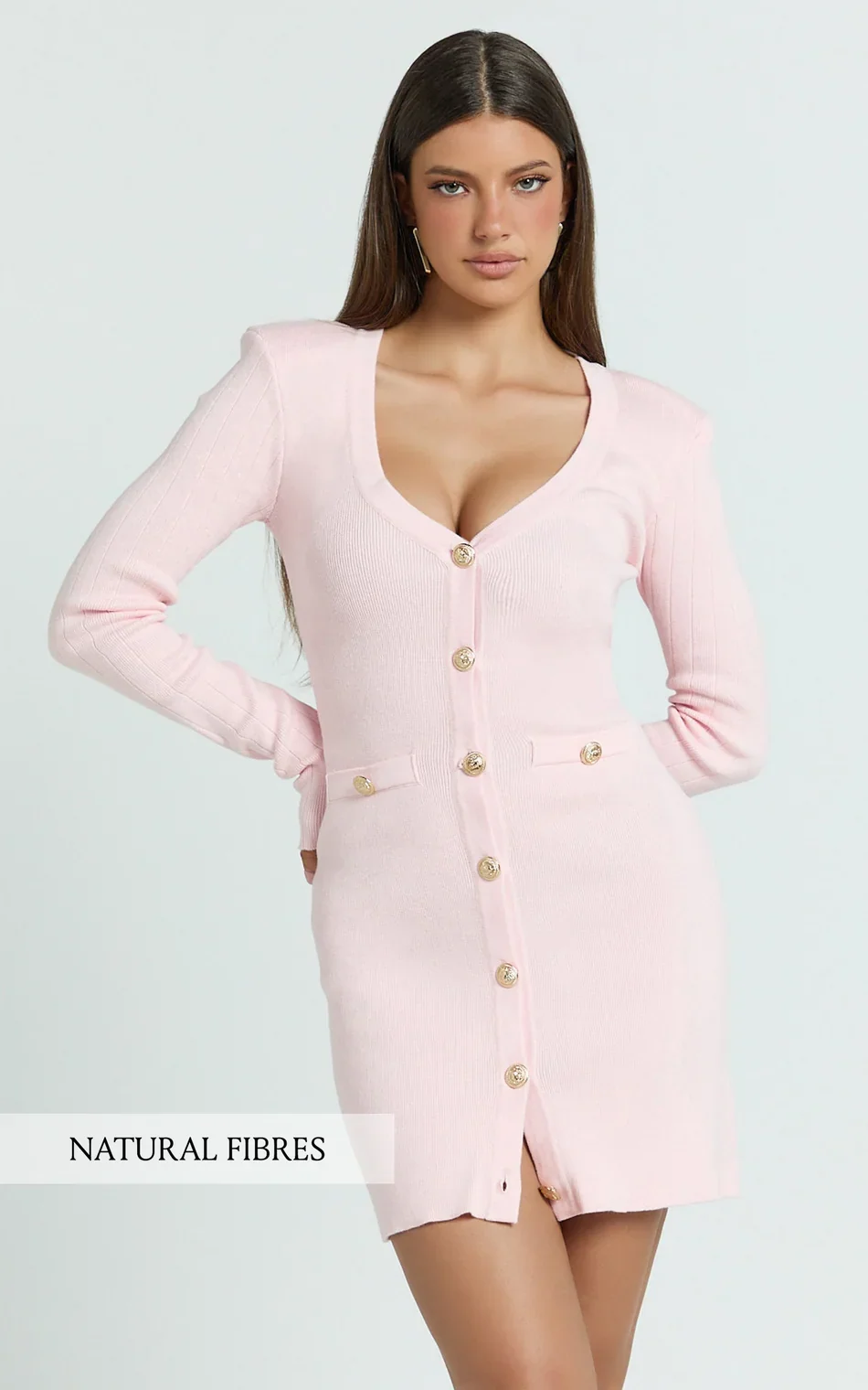 Nikka Mini Dress - Long Sleeve V Neck Bodycon Knit Dress in Pink