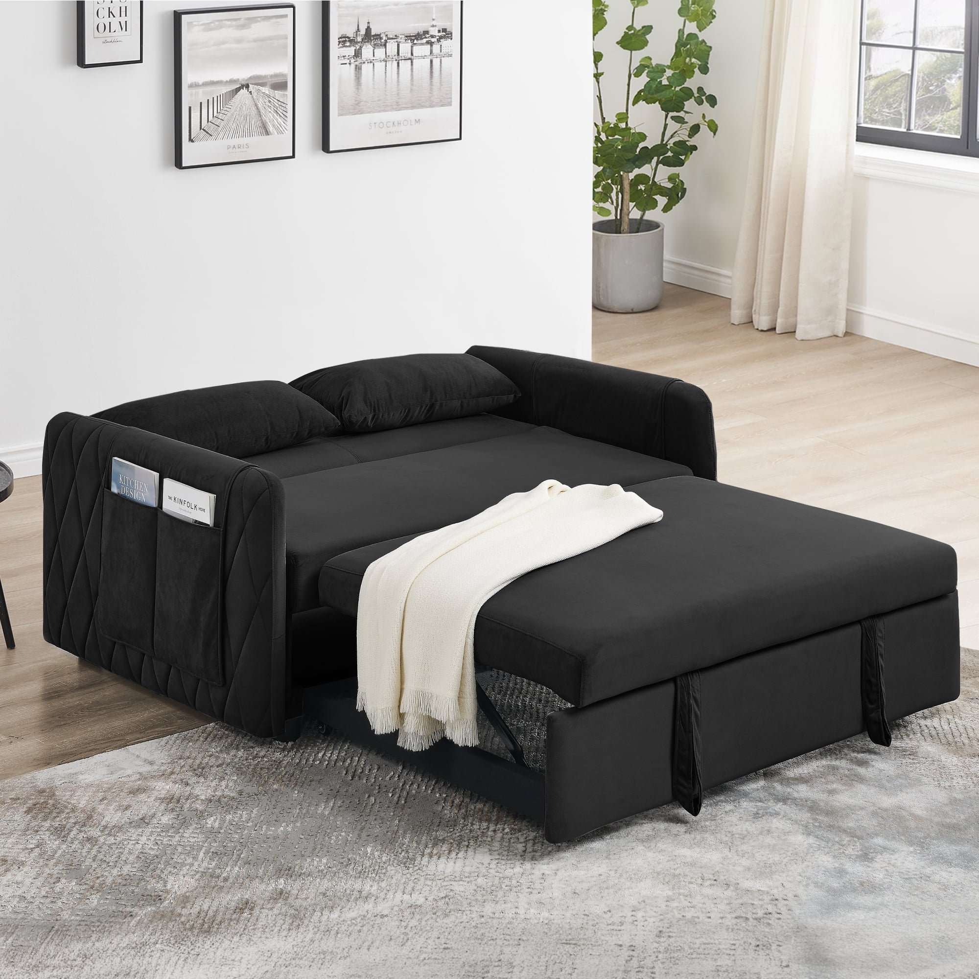 Convertible Sofa Bed,3 in 1 Sleeper Sofa with 2 Pillows and Adjustable Backrest for Living Room Office,Black(Black) - Image 8