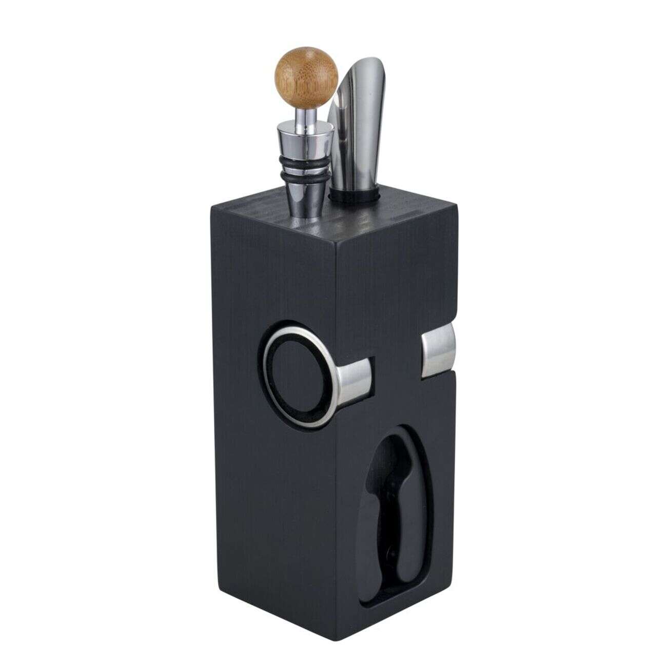 Accessoire à vin 6 pièces avec support en bois noir 6x6xH16cm