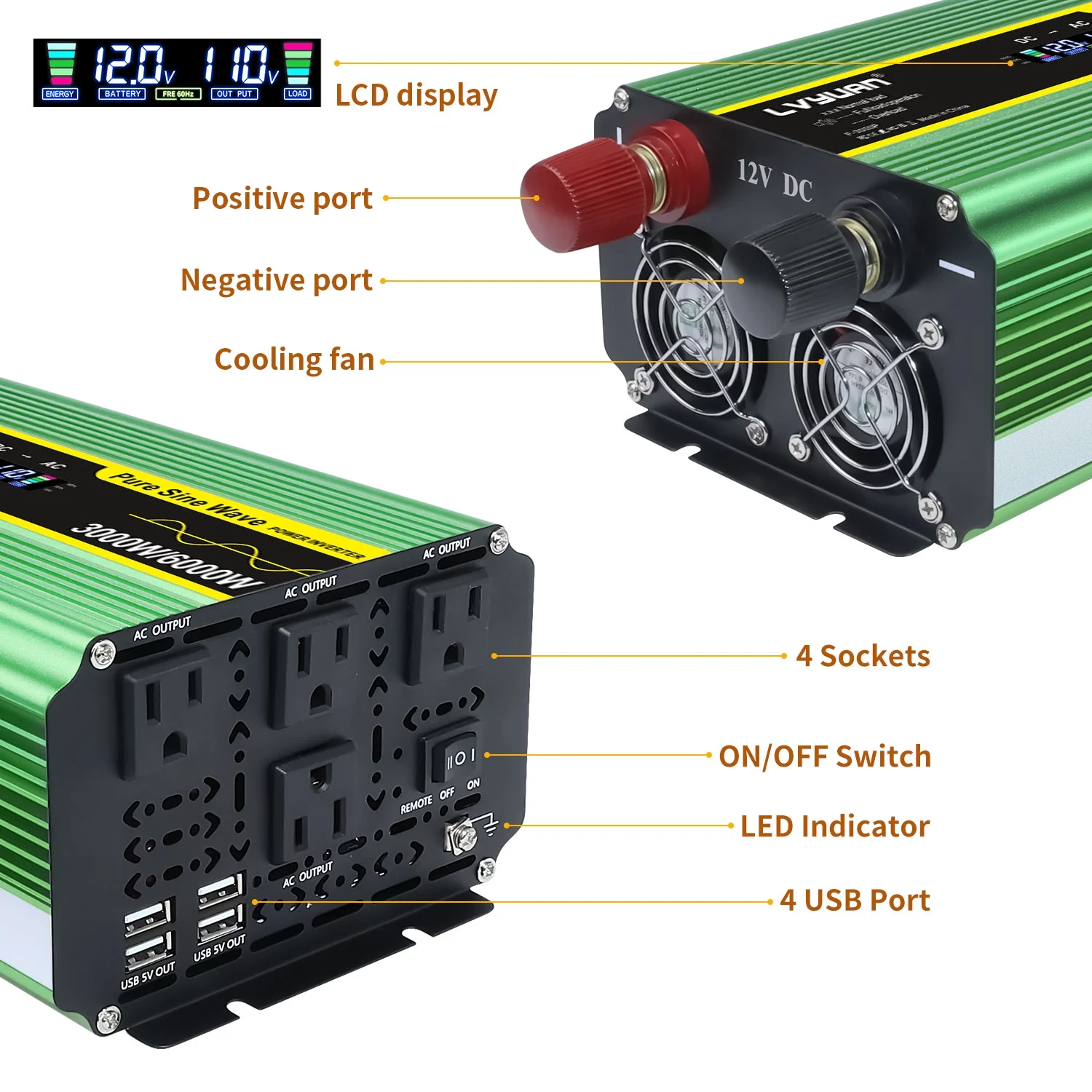 LVYUAN 3000watts Pure Sine Wave Power Inverter DC 12V to AC 110V 120V Converter 4USB 4AC LCD Display with Remote Control