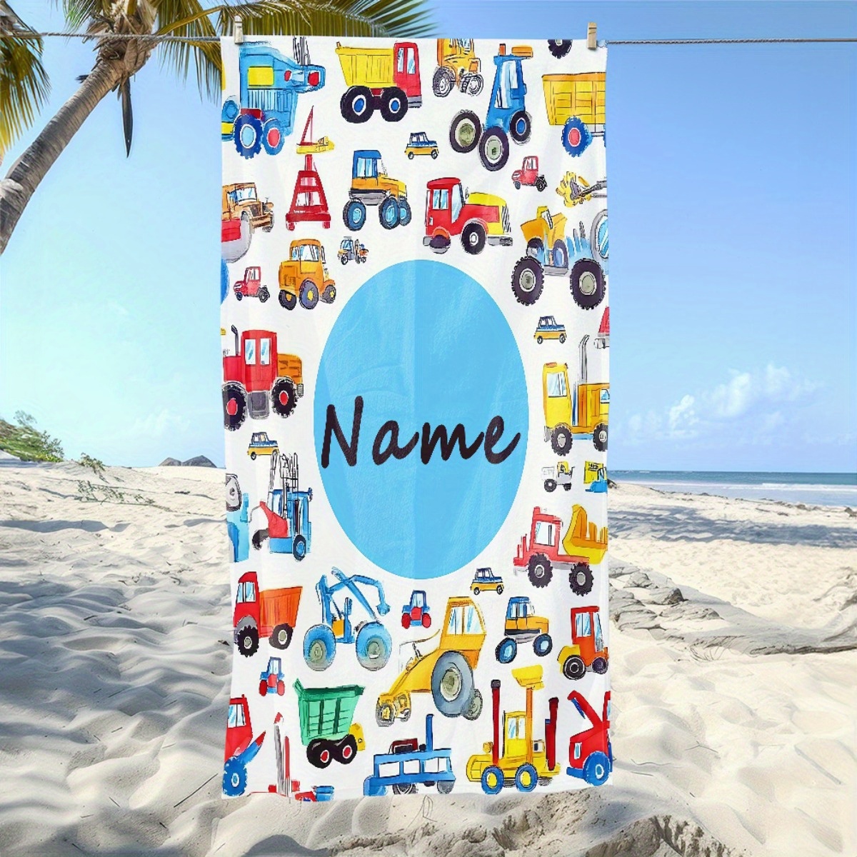 Custom Name Construction Vehicle Pattern Beach Towel - Soft, Super Absorbent Microfiber, Lightweight Design, Suitable for Beach, Party, Travel, Camping, Artistic Style Beach Towel |   Super absorbent fabric - wanlinfang