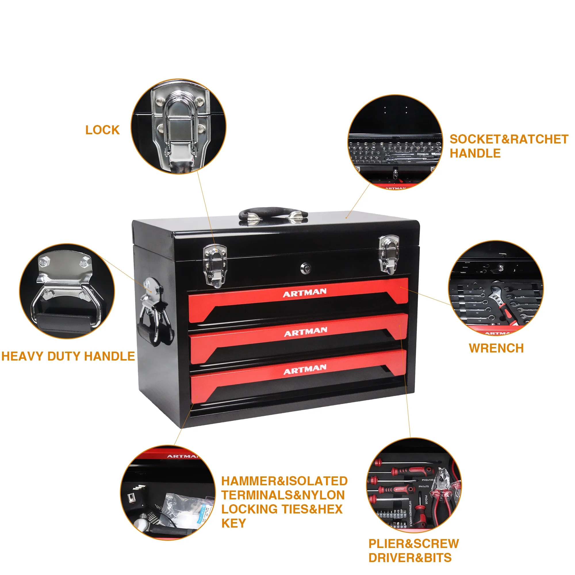 Tool Set 439pcs with 3 Drawers Tool Box Organizer, Mechanic Tool Set for Home, Tool Box Set 4-Tier Socket Wrench Ratchet Plier Nails, Home Tool Set Mechanics Kit for Adults Man Handyman, Red(Red) - Image 6