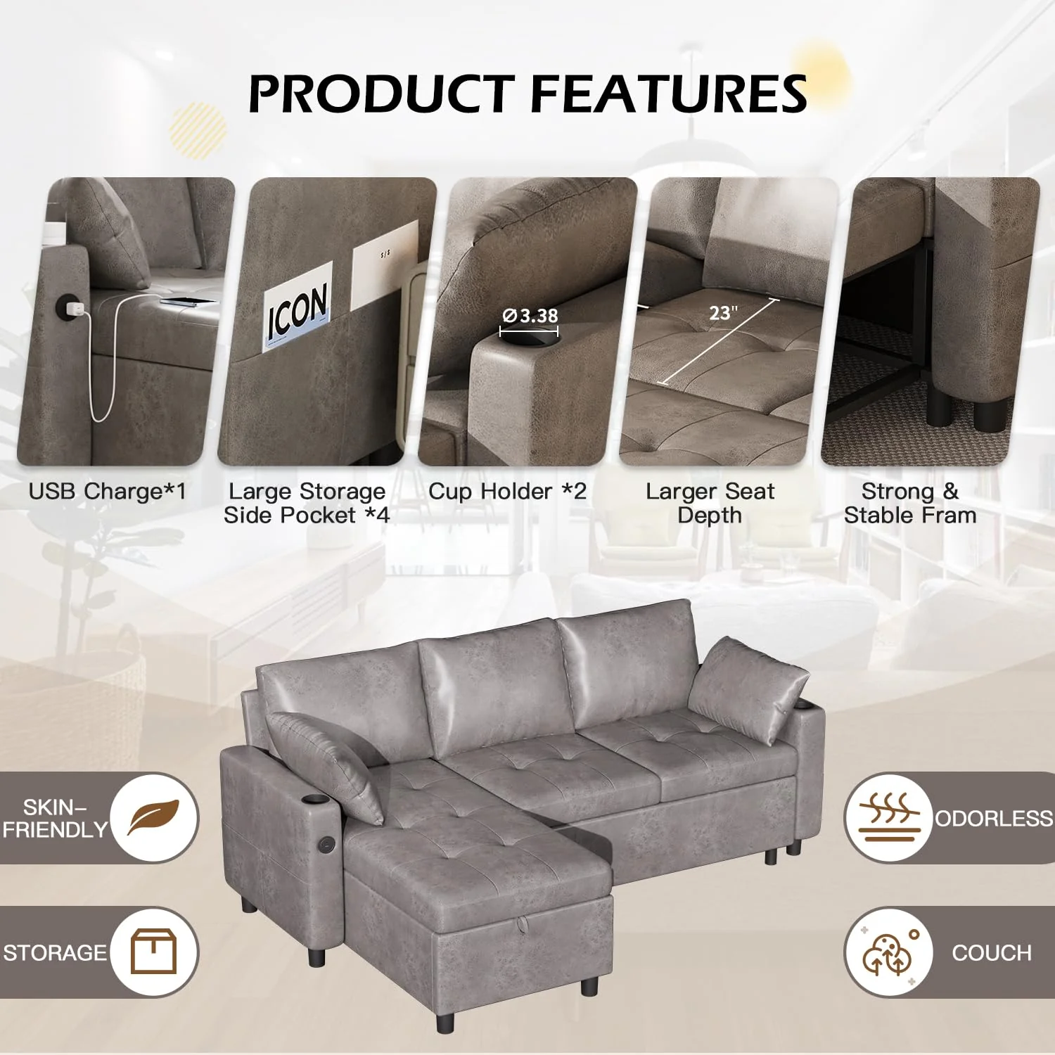 AECOJOY Sleeper Sofa Couch with Pullout Bed, Faux Leather, Gray