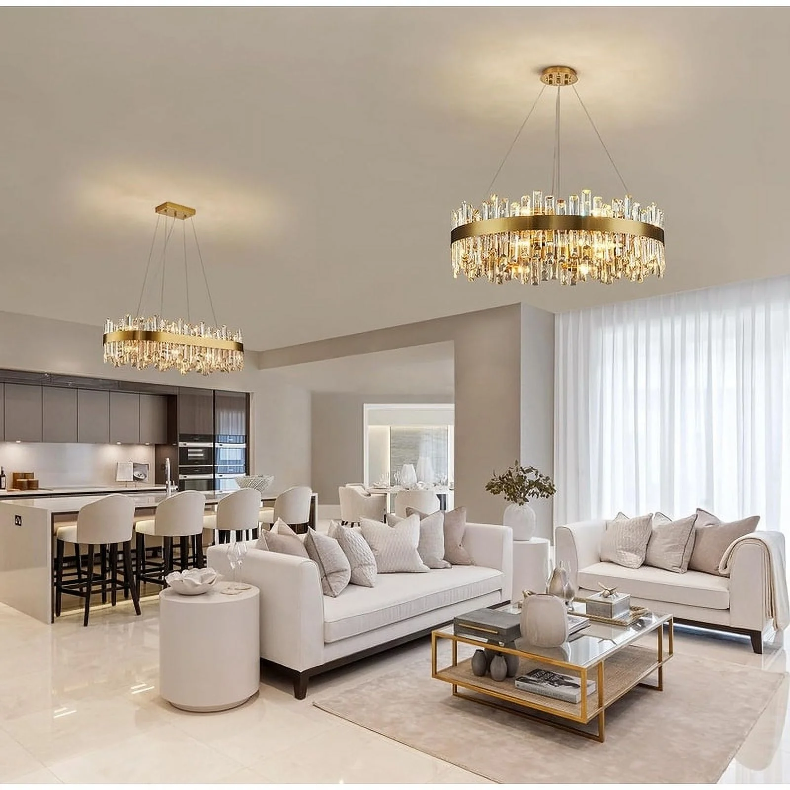 32 in. Brass Modern Crystal Chandelier 2-Tier Gold Glam Chandelier Luxury Kitchen Island Pendant Light for Living Dining Room