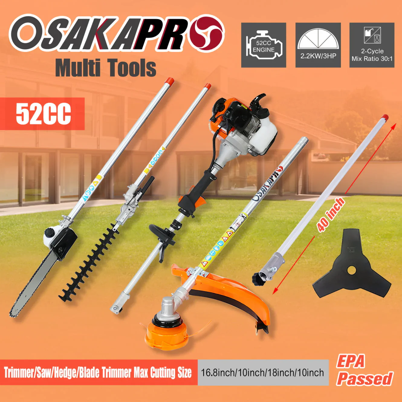 12 in 1 Multi-Functional Trimming Tool,Gas Pole Saw Plus Weed Eater,52CC 2-Cycle Garden Tool System Hedge Trimmer and Brush Cutter
